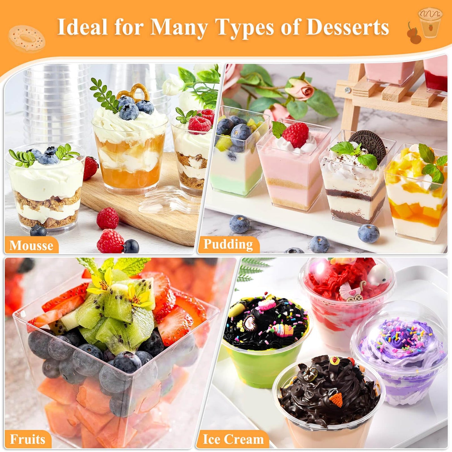 Tetutor 425 Pack Plastic Dessert Cups with Lids and Spoons, 3 oz and 5 oz Mini Dessert Cups with Spoons, Clear Yogurt Cups with Lids, Small Appetizer Cups for Fruit Party Pudding Shooter