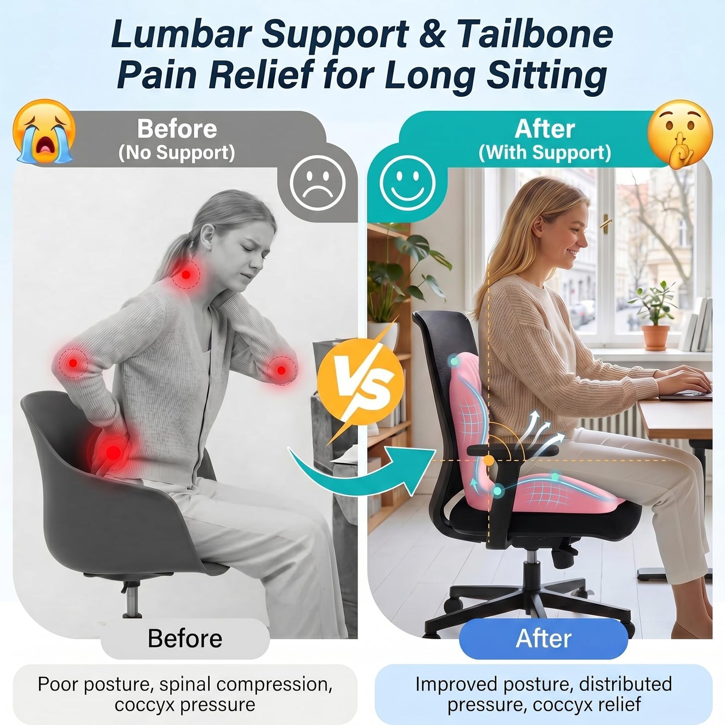 Ergonomic Office Chair Seat Cushion, L-Shaped Memory Foam Coccyx Cushion for Tailbone Pain Relief, Orthopedic Car Seat Cushion with Lumbar Support & Cutout Hollow for Sciatica & Back Pain (Pink)
