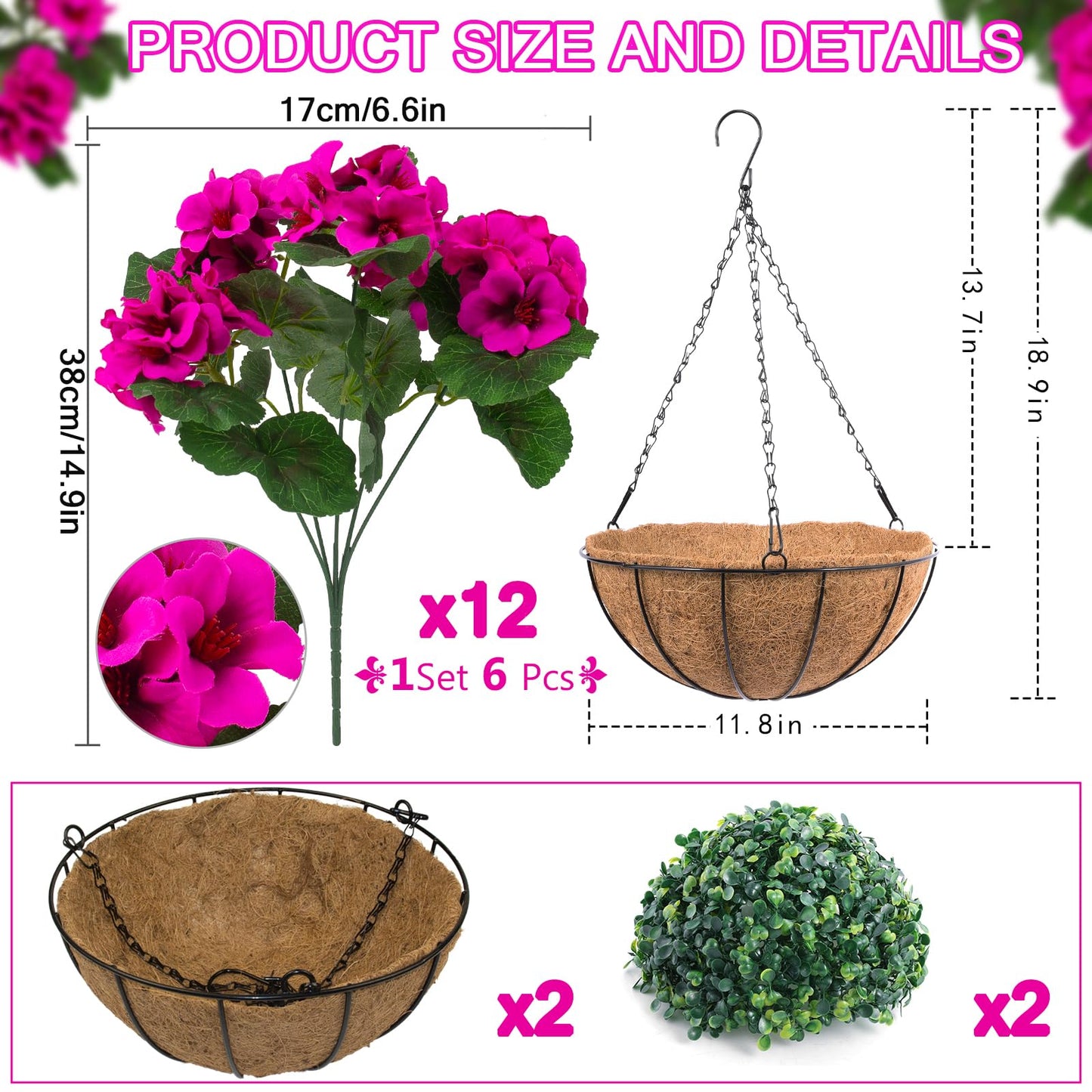 Hananona 2 Set Artificial Outdoor Geraniums Flowers with Hanging Basket, 2 Hanging Planters with 12 Pcs Red Geranium Flowers for Spring Summer Front Porch Garden Patio Home Decor (2, Rose Red)