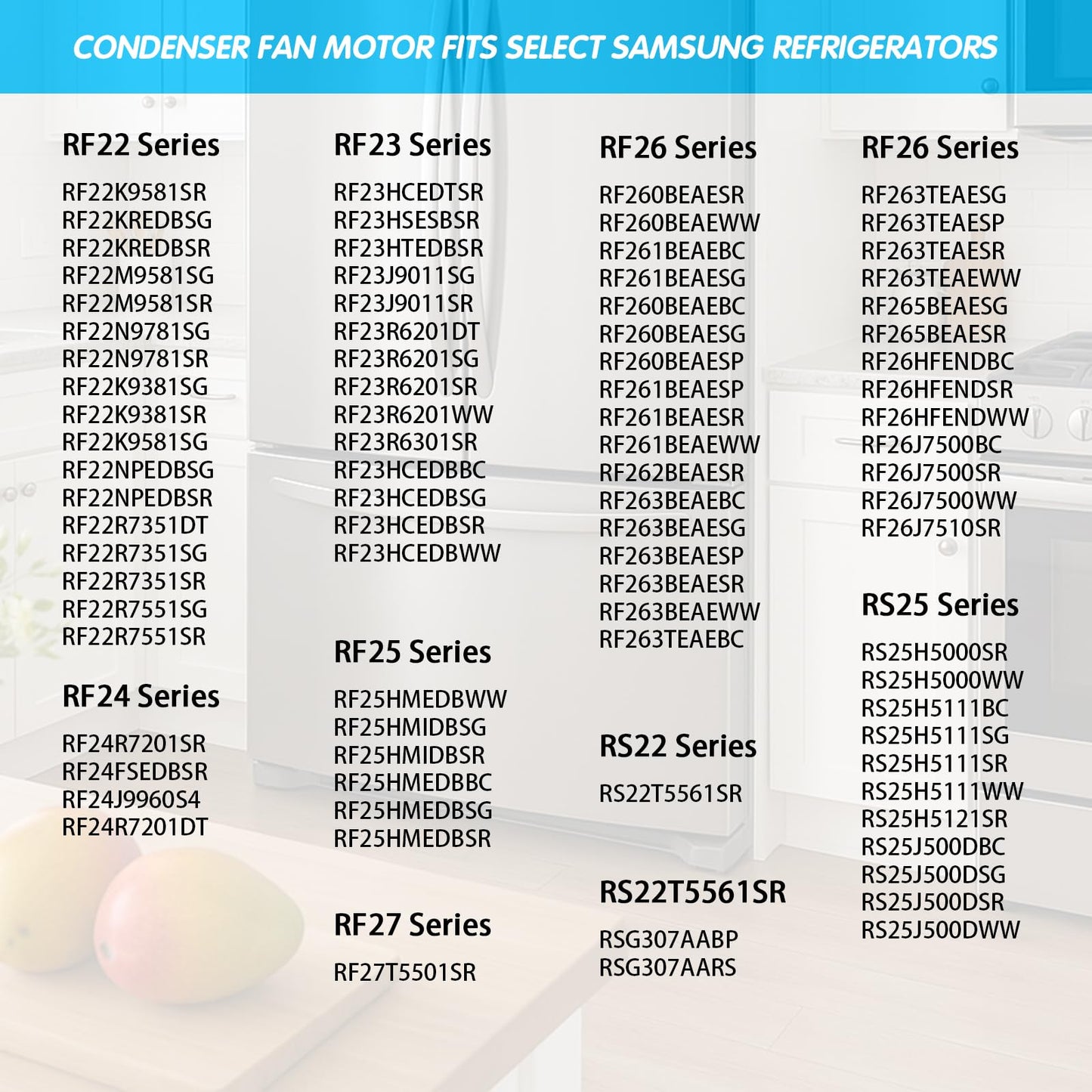 RF260BEAESR RF261BEAESR RF263BEAESR RF265BEAESR RF260BEAESG RF263BEAESG RS25H5111SR RS25J500DSG RF28R6241SR RF28HMEDBSR RF28JBEDBSG Refrigerator Condenser Cooling Fan Motor Assembly Fit for Samsung