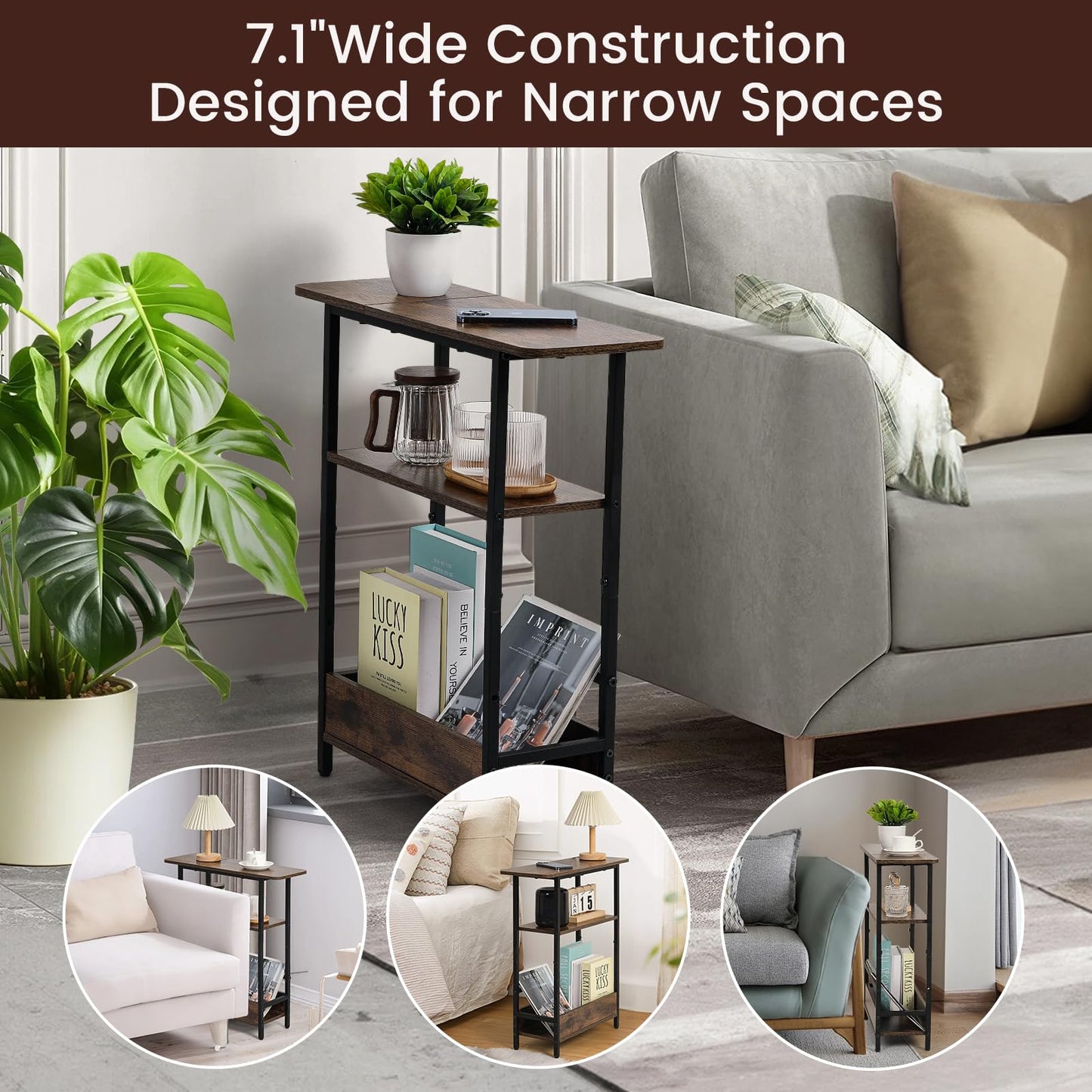 Tedheve Narrow Side Table for Small Spaces, 3-Tier Small End Table with Storage Shelf and Magazine Holder, Slim and Skinny Nightstand for Bedroom, Living Room Sofa Table for Space Saving, Brown