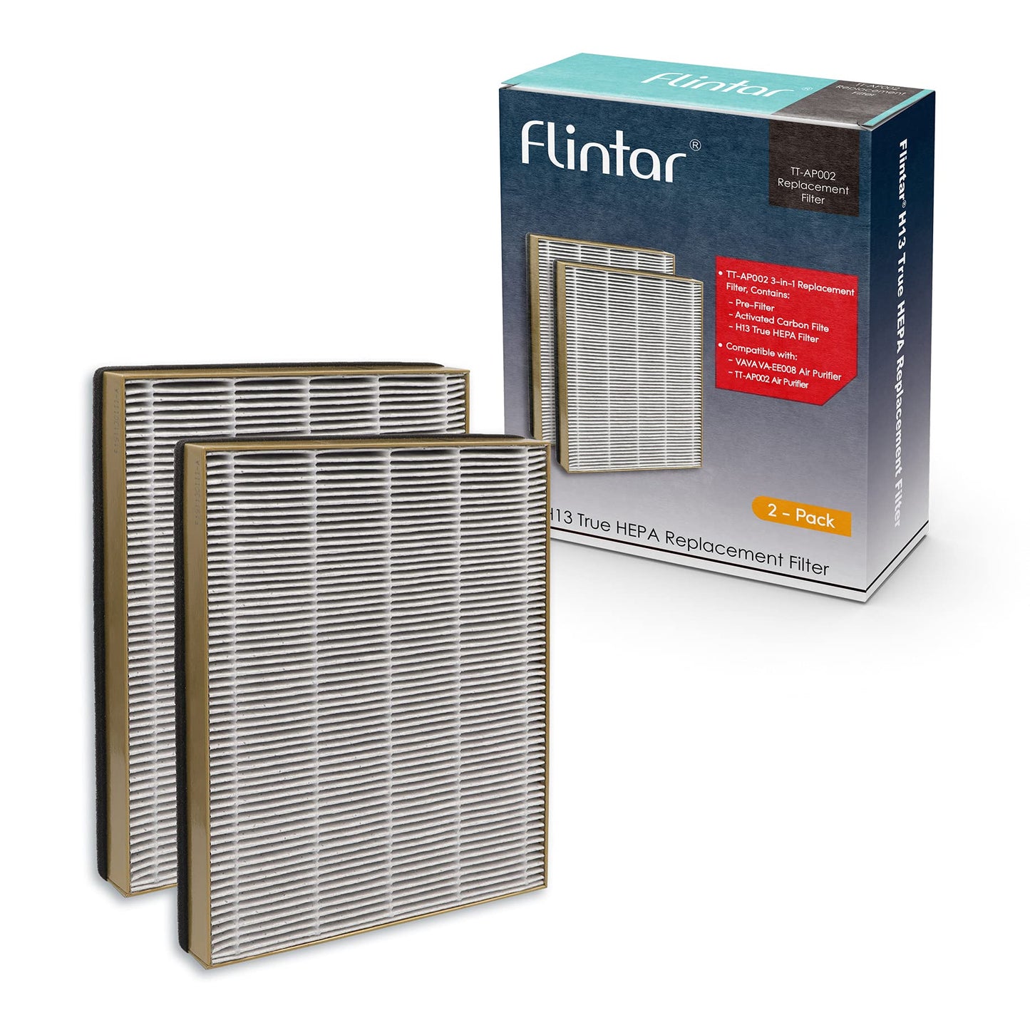 Flintar TT-AP002 Replacement Filter, Compatible with Tao Tronics TT-AP002 Air Purifier and VAVA VA-EE008 Air Purifier, 3-in-1 H13 Grade Air Filter, 2-Pack