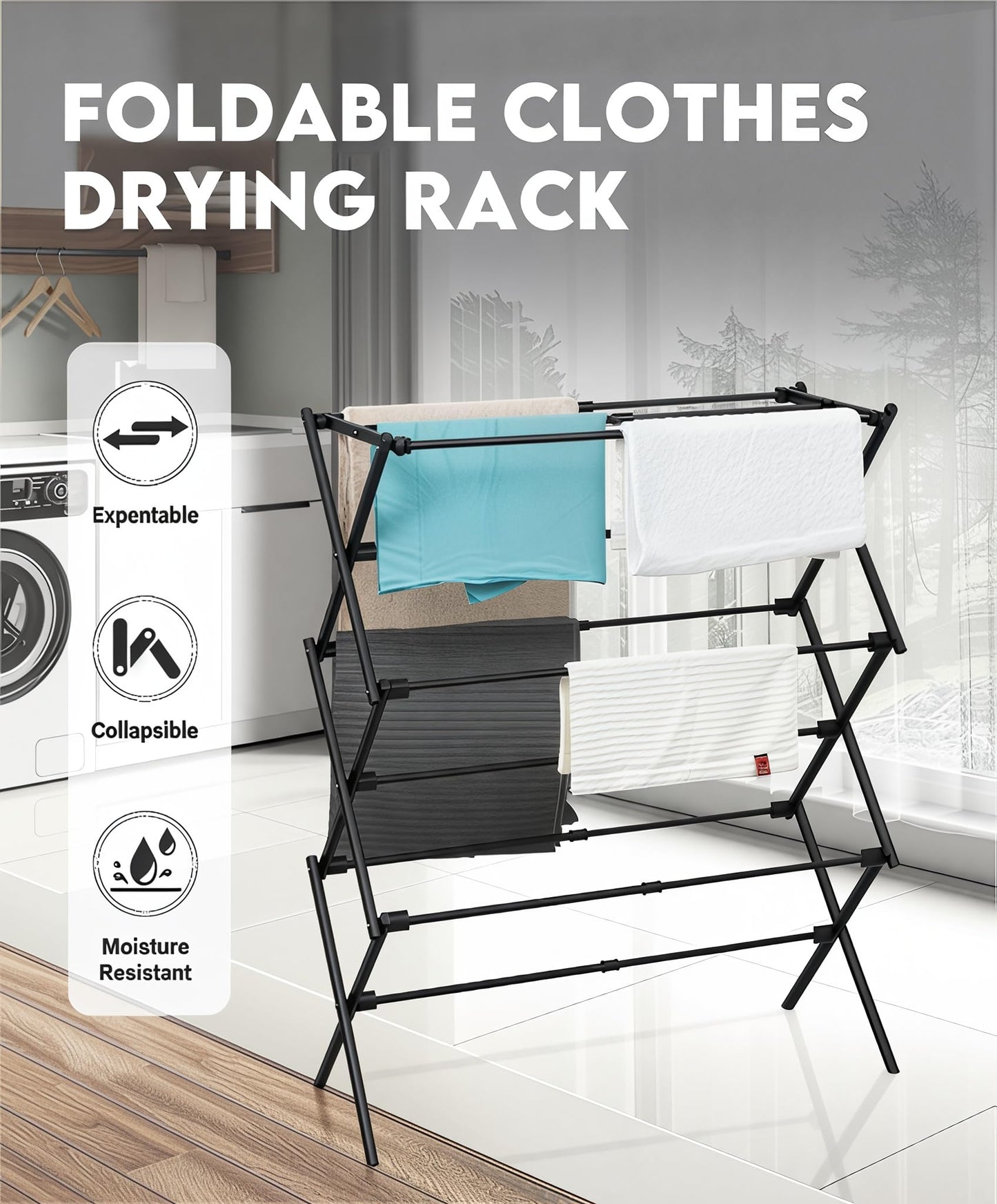 UNICCA 3-Tier Metal Folding Clothes Drying Rack, Laundry Drying Rack Clothing | Collapsible Dryer Racks for Laundry | Indoor & Outdoor,Black