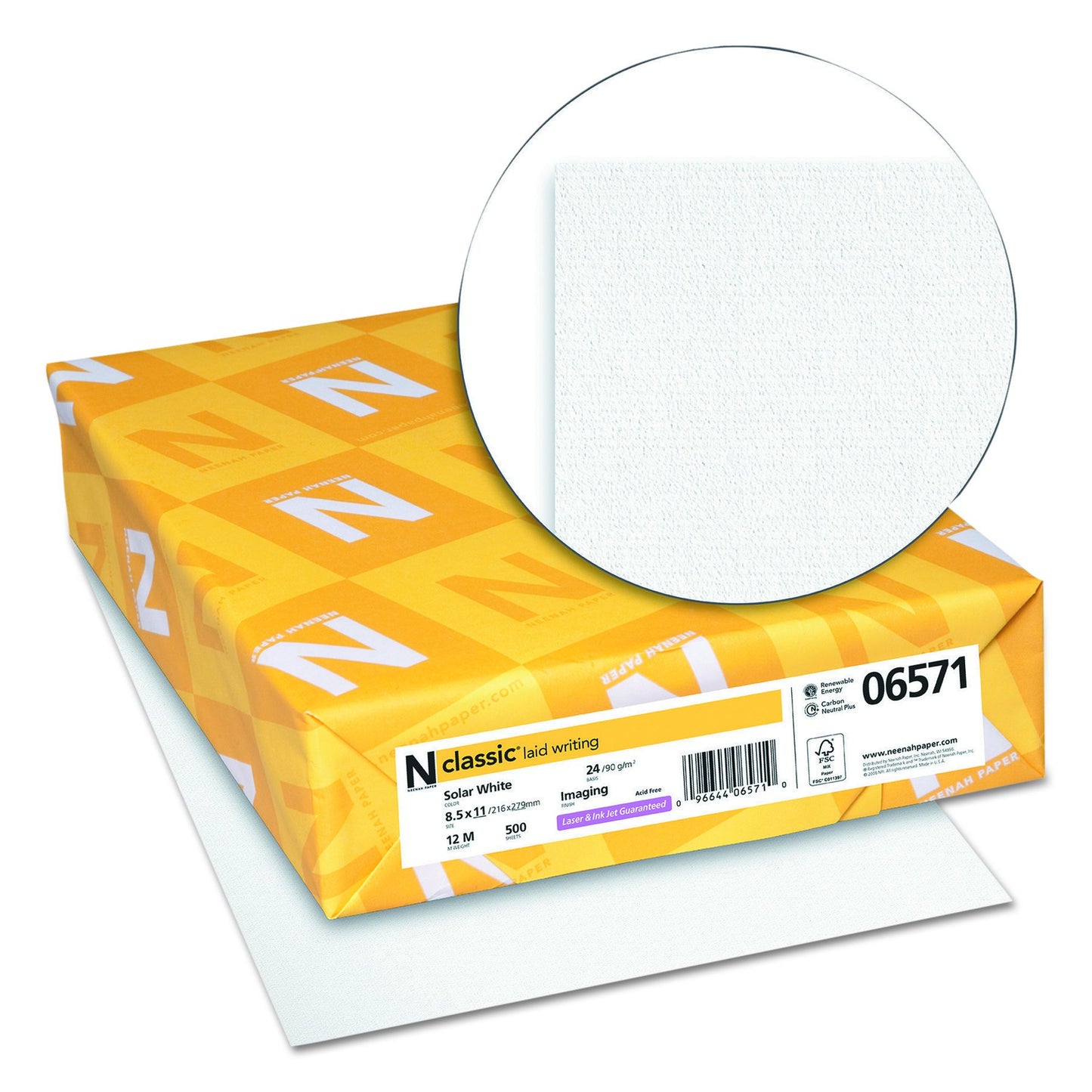 Neenah Paper Classic Laid Stationery, 97 Bright, 24 lb Bond Weight, 8.5 x 11, Solar White, 500/Ream