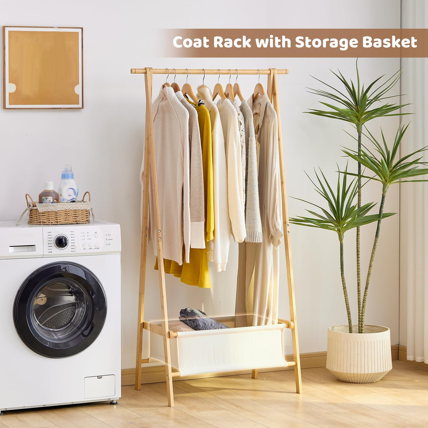FILWH Bamboo Clothes Rack with Storage Box Foldable Garment Holder Coat Rack Freestanding Coat Stand Child Clothing Stand for Hanging Coat Dress up Racks (Natural, Large)