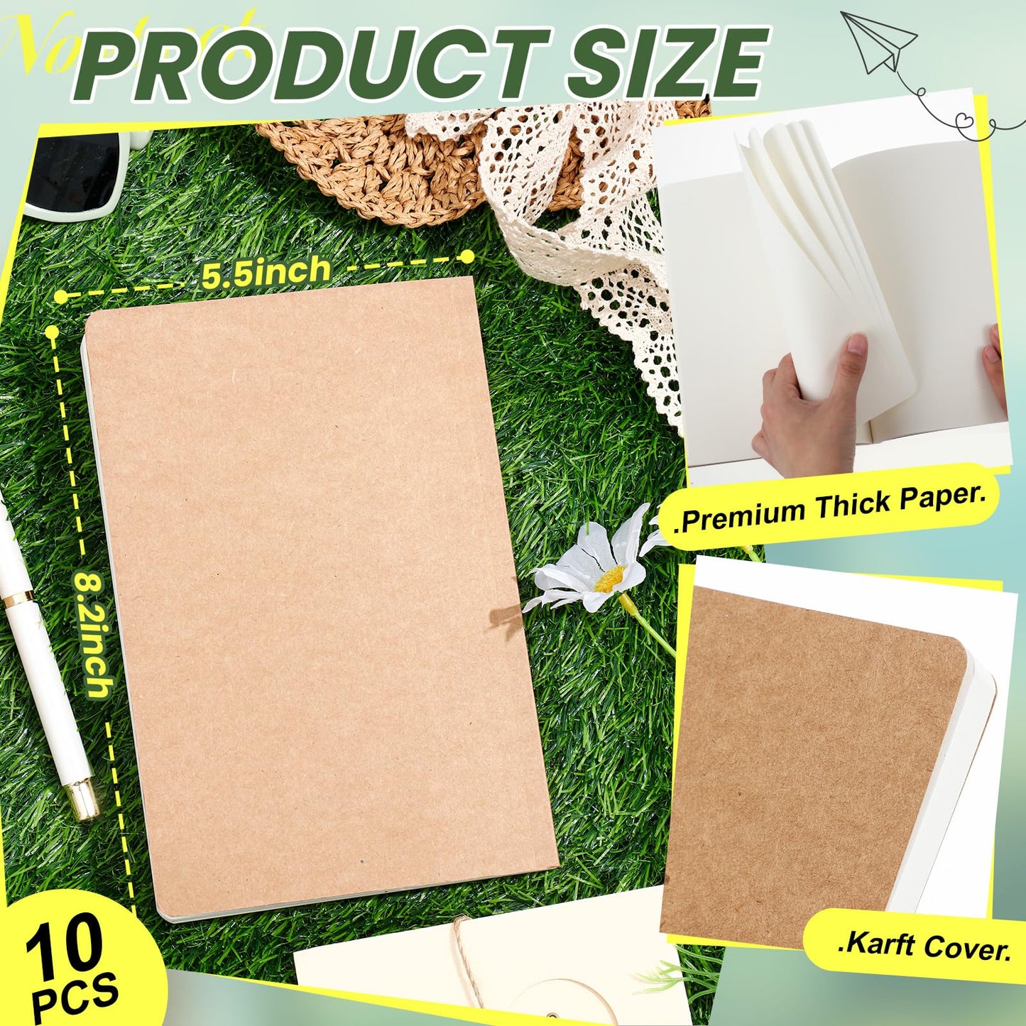 Zhanmai 10 Pack A5 Journal Refill 5.5 x 8.2'' Refillable Notebook Inserts A5 Paper Refill Kraft Travelers Journal Notebooks for Office School Writing Supplies, 100 Sheets/200 Pages(Unruled)