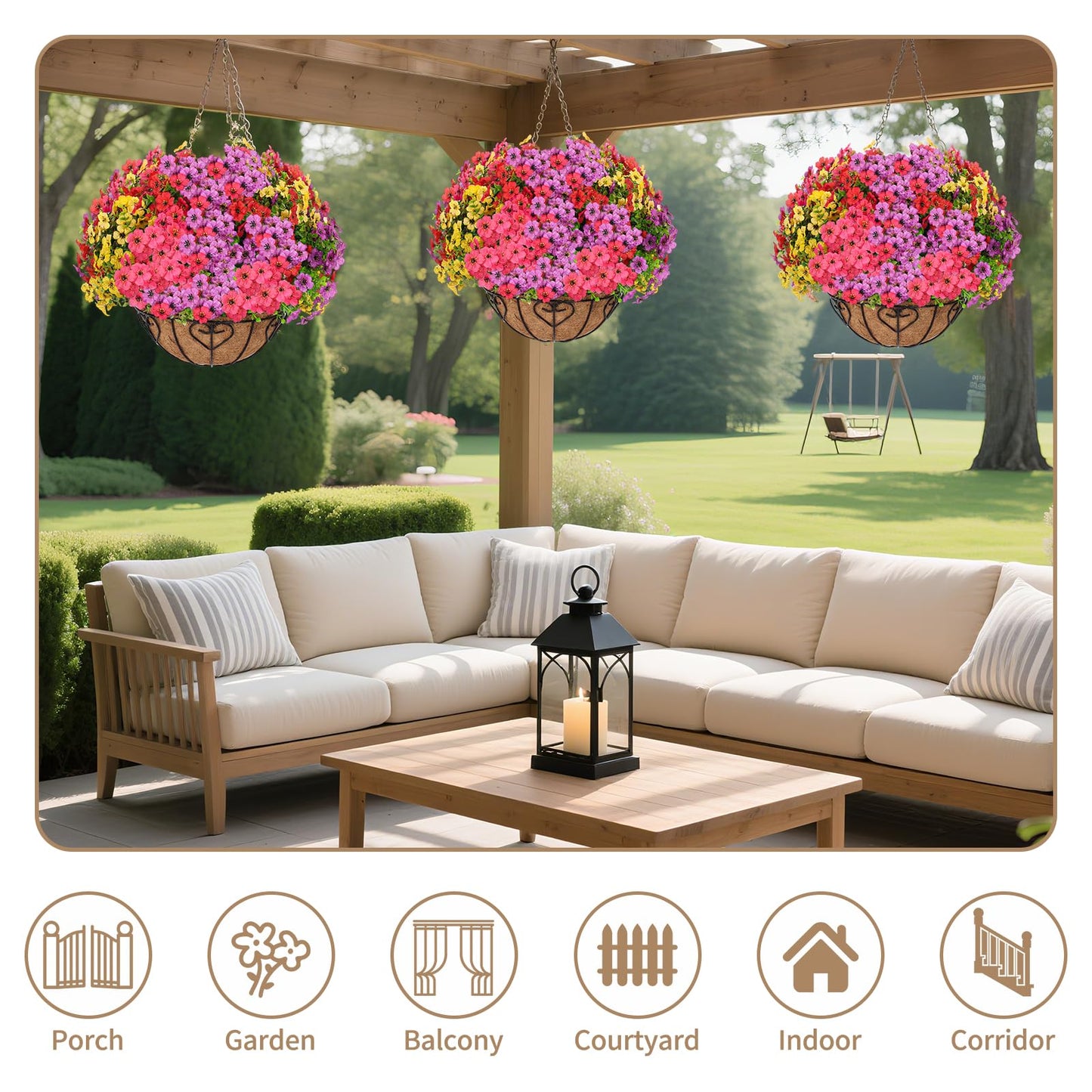 LetuoClips 2 Sets Artificial Hanging Flower for Outdoors, Fake Hanging Basket for Outside,2 Hanging Basket with 26 Pcs Faux Silk Flowers for Porch, Balcony and Patio Decor(Mixed)