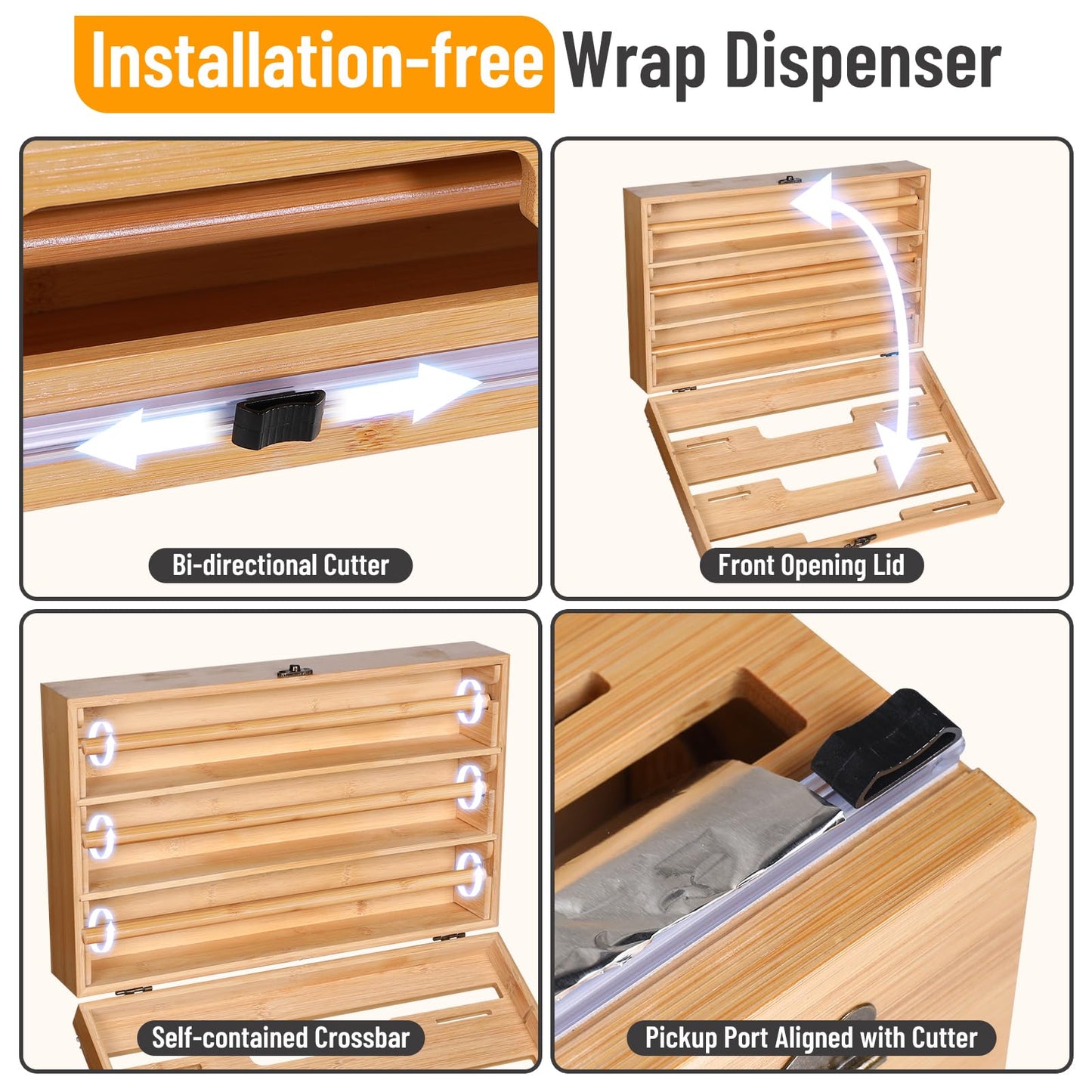 Allinside Magnetic Plastic Wrap Dispenser with Cutter, 3 in 1 Refrigerator Bamboo Wood Organizer for Tin Foil, Baking Paper, Wax Paper Holder Kitchen Storage Box Compatible with 12.9" Roll (3 Layer)