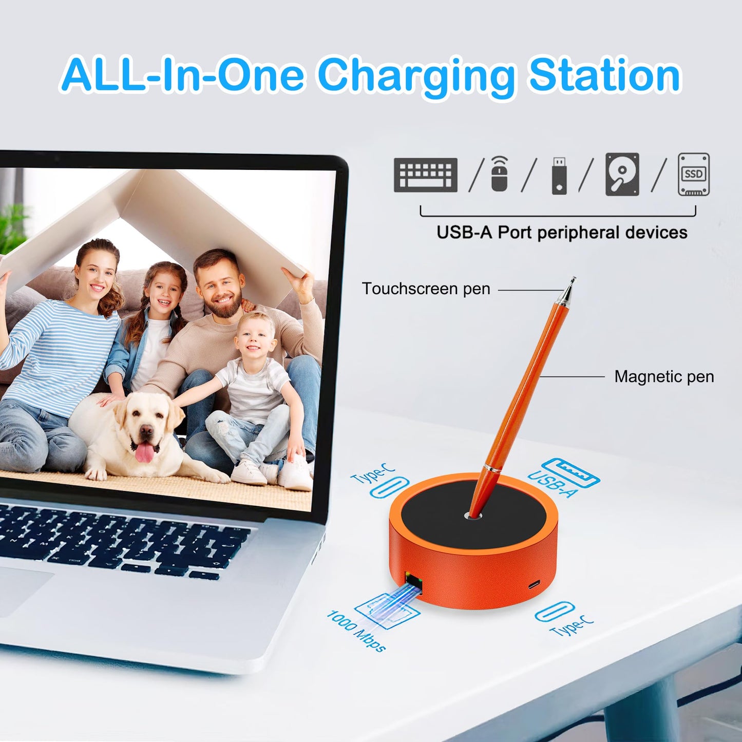 Magnetic Levitating Pen with Docking, Magnetic Floating Ballpoint Pen with 4 Ports, Multifunctional Hover Pen with 1000Mbps Ethernet, 100W Fast Charging, USB 3.0, Standing and Swing Freely Tech Toys