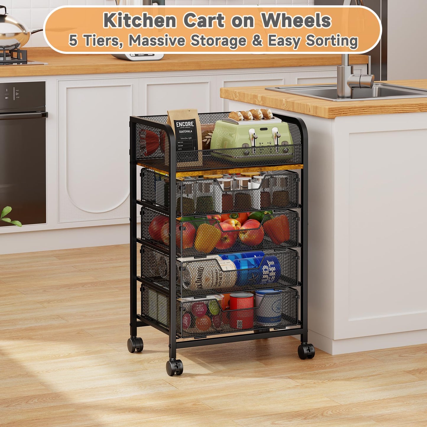 LUMAMU 5-Tier Rolling Kitchen Cart with Drawers - Kitchen Storage Cart on Wheels,Pantry Snack Cart,Fruit and Vegetable Storage Cart with Wood Top,Rolling Utility Cart for Potato and Onion Storage