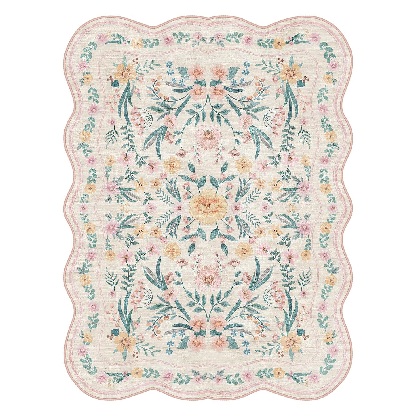 Dadasgk Pink Floral Rug 5X7 for Girls Bedroom or Nursery, Scalloped Washable Non-Slip Area Rug, Cute Soft Boho Carpet for Kids Room, Dorm, or Playroom