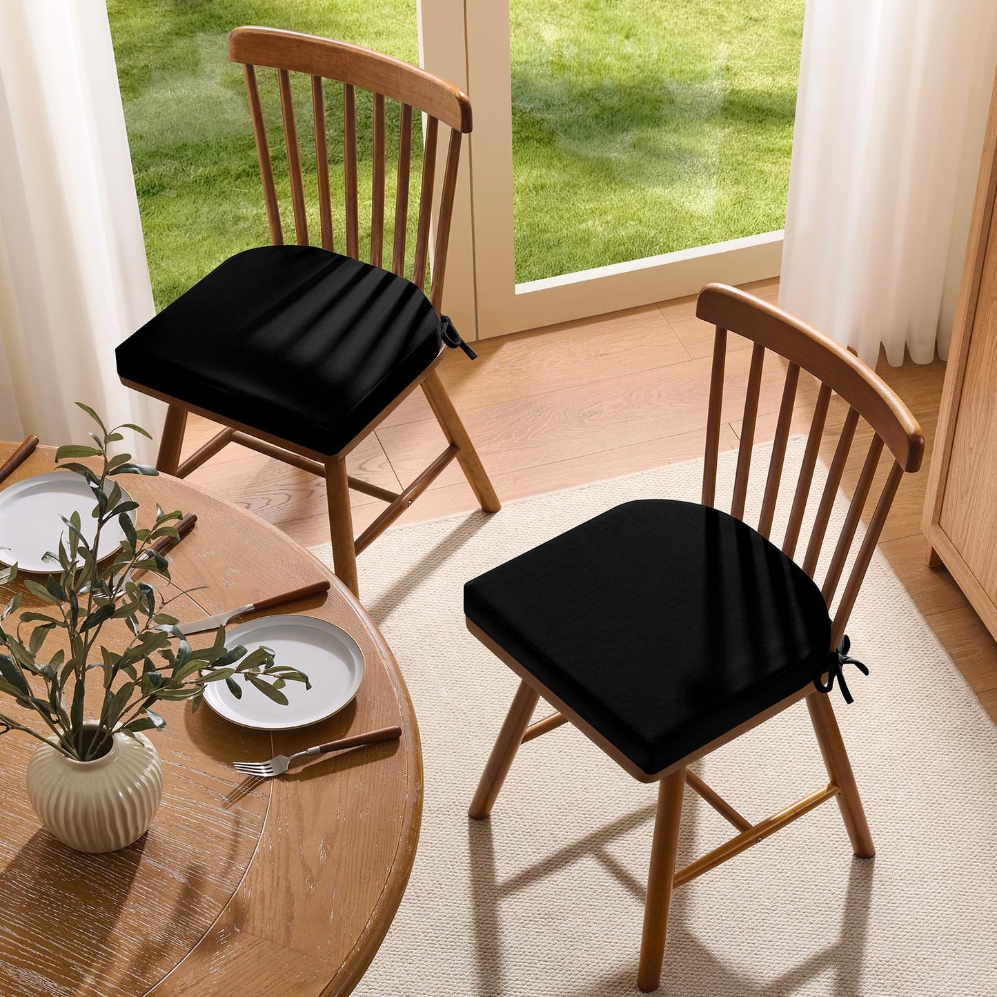 downluxe Chair Cushions for Dining Chairs, Memory Foam Linen Kitchen Chair Pads with Ties, Waterproof, Stain-Resistant and Washable Cover, 17" x 16" x 2.5", Black, 4 Pack