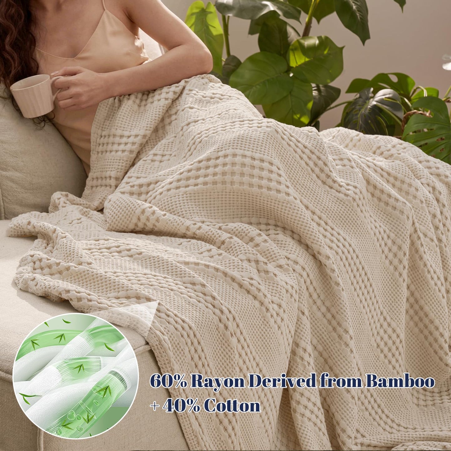 PHF Cooling Waffle Blanket Queen Size, Lightweight 60% Rayon from Bamboo & 40% Cotton Breathable Blanket for Hot Sleepers, Summer Use, Soft Luxury for Bed Couch Sofa, 90"x90", Light Tan