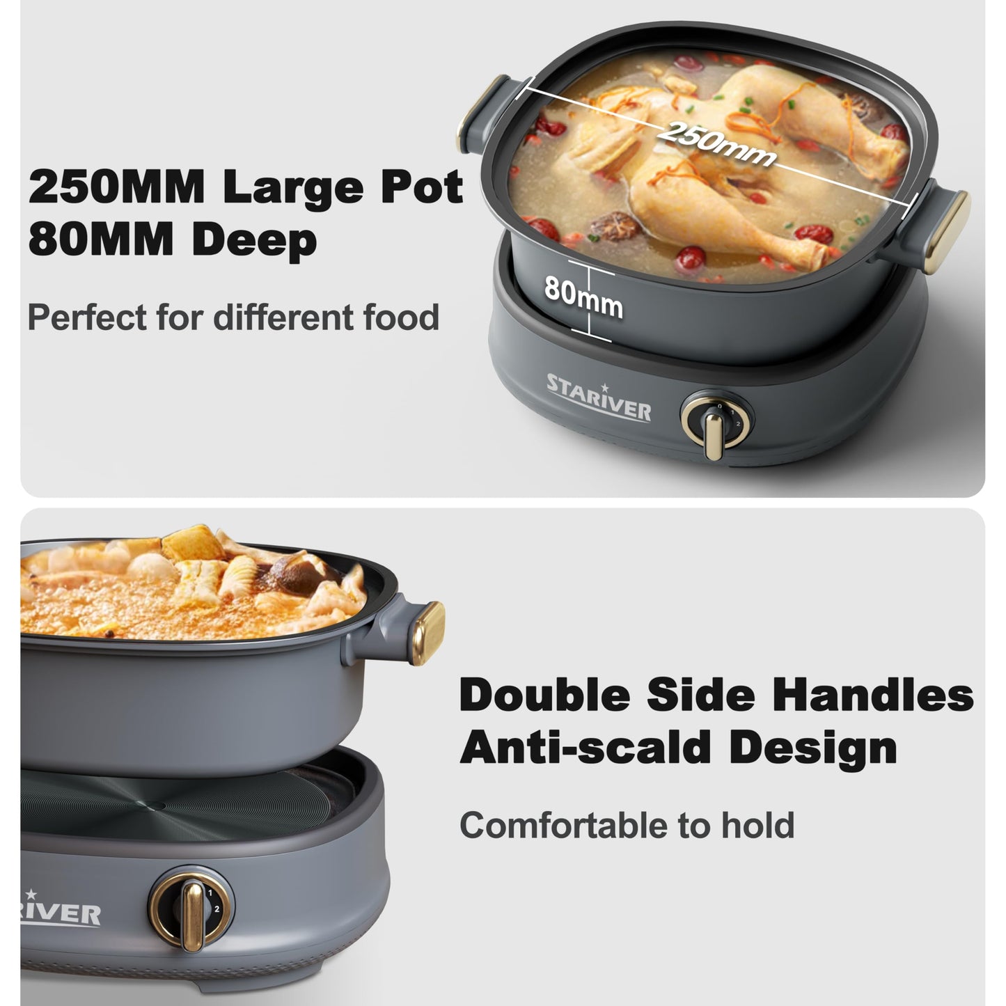Stariver 3L Non-Stick Hot Pot Electric with Dual-Power Control,Electric Shabu Shabu Pot with Removable Pot, Electric Pot with Tempered Glass Lid for Party, Family Gathering（Silver）