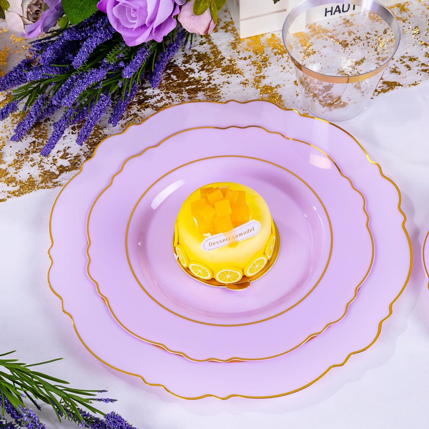 Liacere 175PCS Purple Plastic Plates-Disposable Lavender Plates 25guest Baroque Plastic Dinnerware include 50Plates, 25Pack Pre Rolled Napkins with Silverware 25Cups for Party & Wedding &Mothers Day