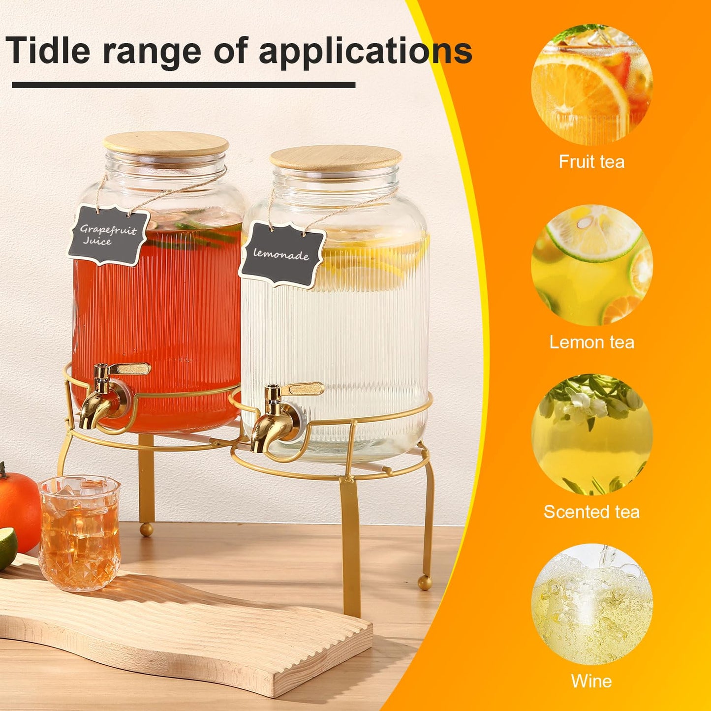 1 Gallon Glass Drink Dispenser with Stand, 2pack Drink Dispensers For Parties, Beverage Dispenser With Bamboo Lid and Stainless Steel Spigot Leakproof, Use On Sun Tea, Juice, Lemonade Dispenser