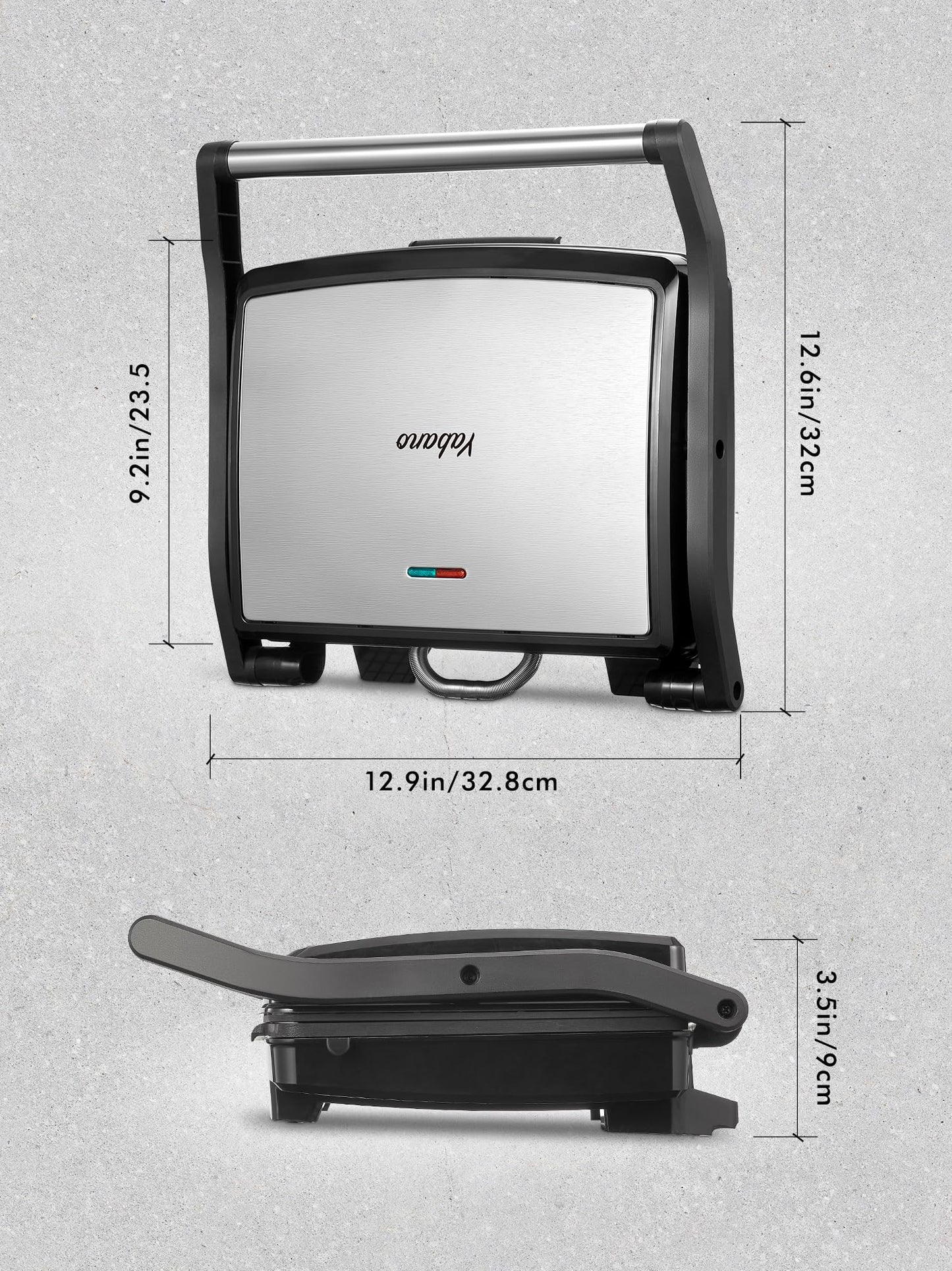 Yabano Panini Press Grill, Gourmet Sandwich Maker, Electric Indoor Grill with Non-Stick Cooking Plate and Removable Drip Tray, Easy to Clean, Stainless Steel