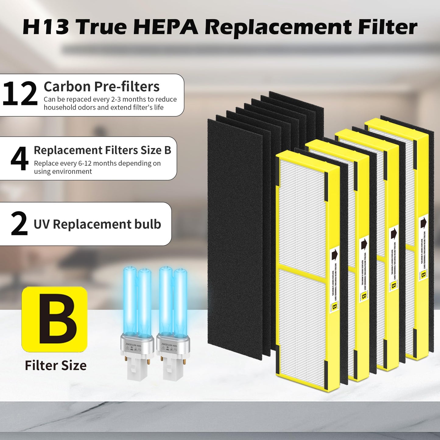 4 pack FLT4825 HEPA Replacement Filter B ＆ LB4000 Bulb for Guardian AC4825, AC4300, AC4850, AC4800, AC4820, AC4900 Air Cleaner Purifier, 4 HEPA Filters +12 Carbon filters+ 2 lb4000 uv bulb