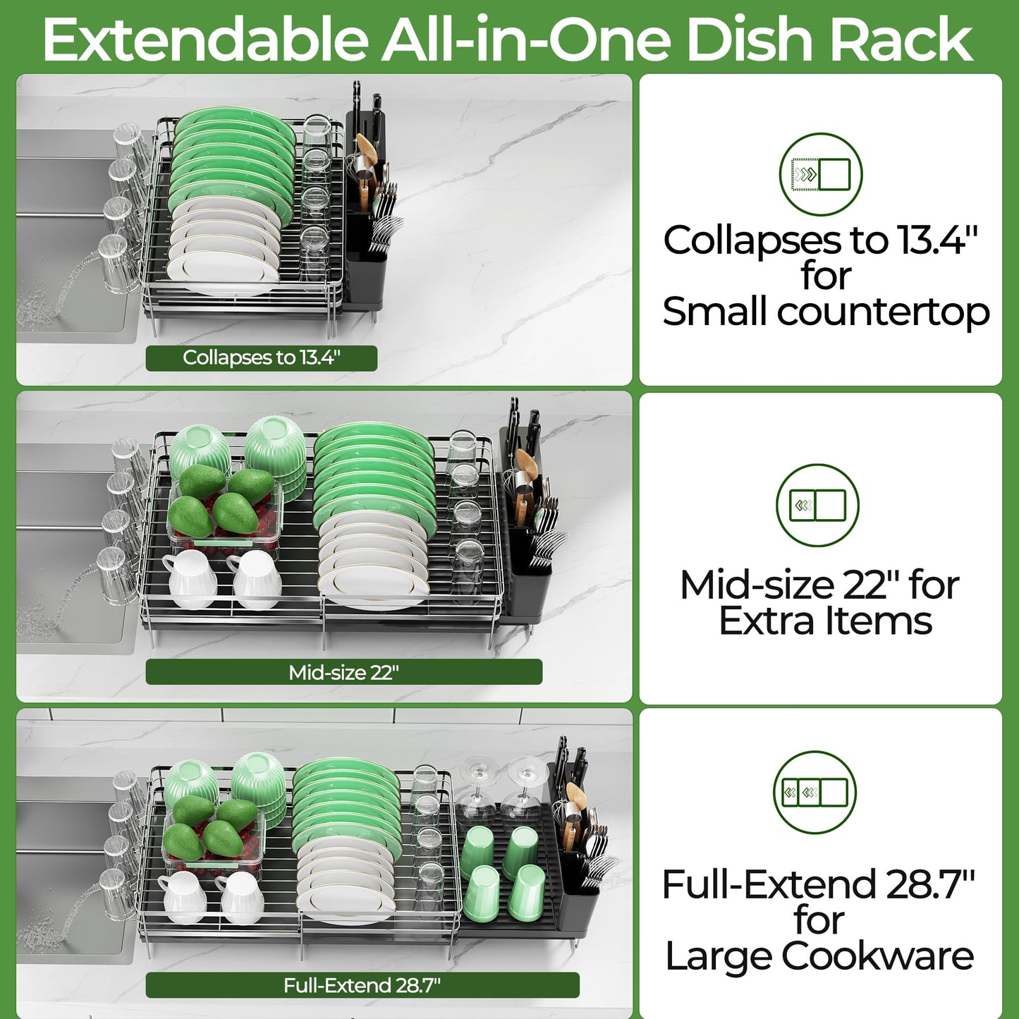 Pantasia Large Dish Drying Rack, Expandable Dish Rack, Stainless Steel Anti-Rust Dish Racks for Kitchen Counter, Multifunctional Dish Drainer with Utensil Holder & Cup Holder, 13.4"-28.7" L x 11.8" W