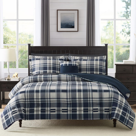 MaiRêve Queen Comforter Set, Plaid Design Comforter Set 7 Pieces, All Season Comfortable Bedding Sets Queen, Lightweight, Warm and Breathable (Navy Blue, Queen, 90"x90")