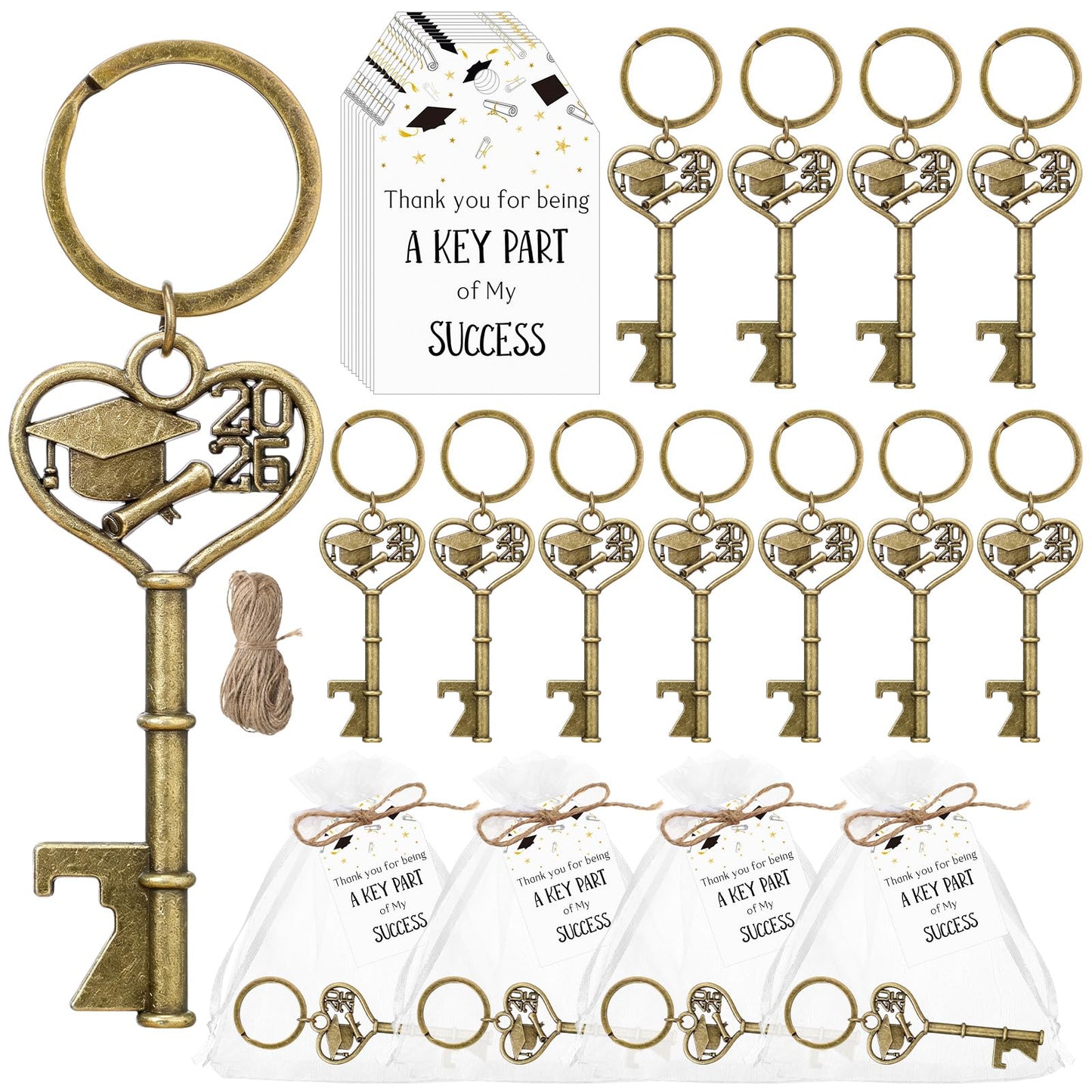 Misdary 25 Sets Graduation Party Favor for Guest 2026 Graduation Cap Bottle Opener Keychains with Thank You Card Organza Bags Class of 2026 College Celebration Party Supplies (Bronze)