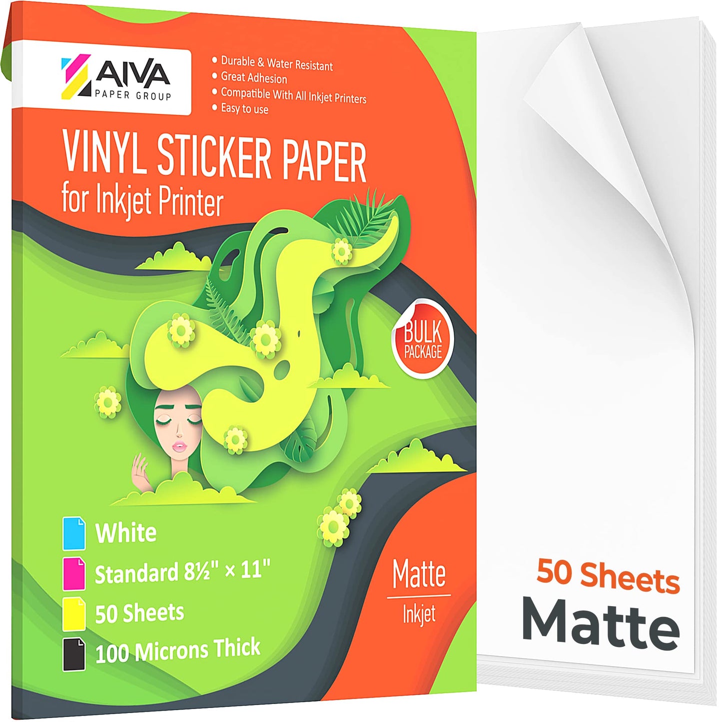 Printable Vinyl Sticker Paper - Waterproof Decal Paper for Inkjet Printer - 50 Self-Adhesive Sheets - Matte White - Standard Letter Size 8.5"x11"