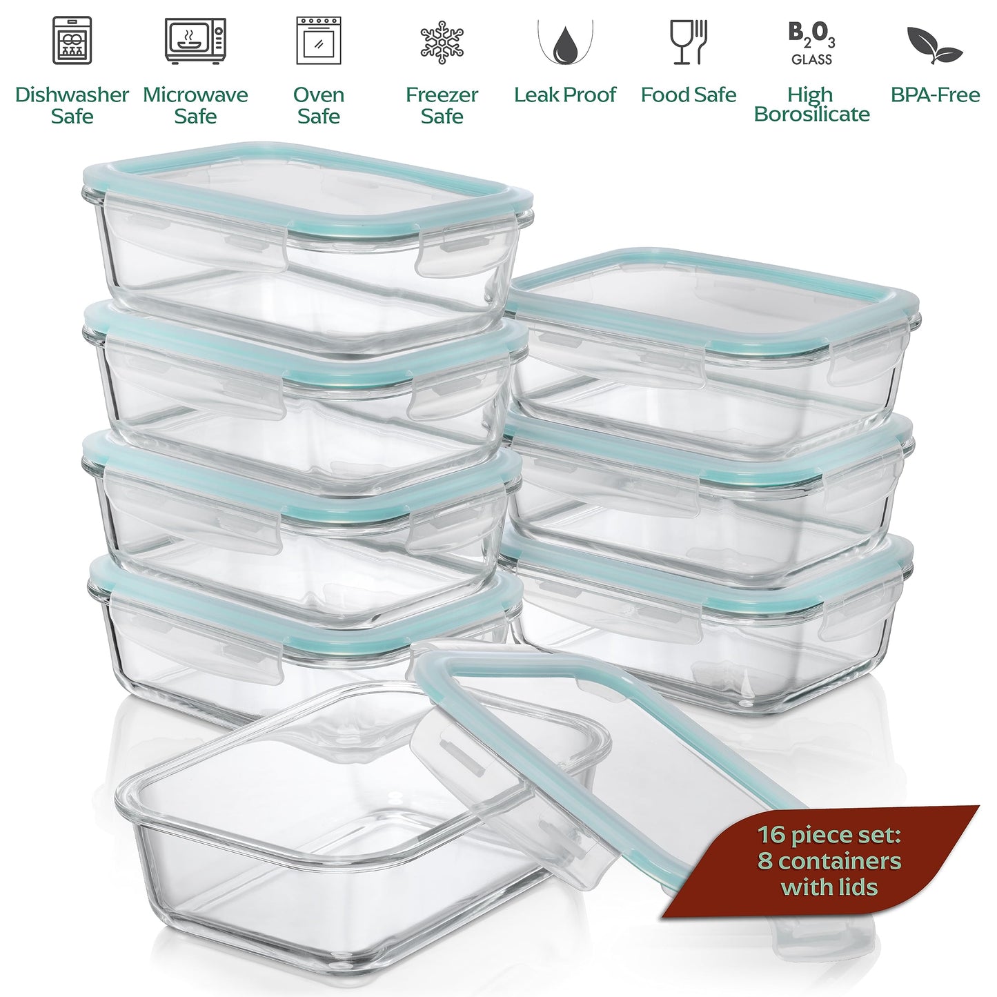 Fusion Gourmet 8 Pack 35 oz Glass Storage Containers with Lids - Airtight, Leakproof, Oven, Microwave & Freezer Safe, Stain & Odor Resistant, Reusable Meal Prep Containers (16-Piece)
