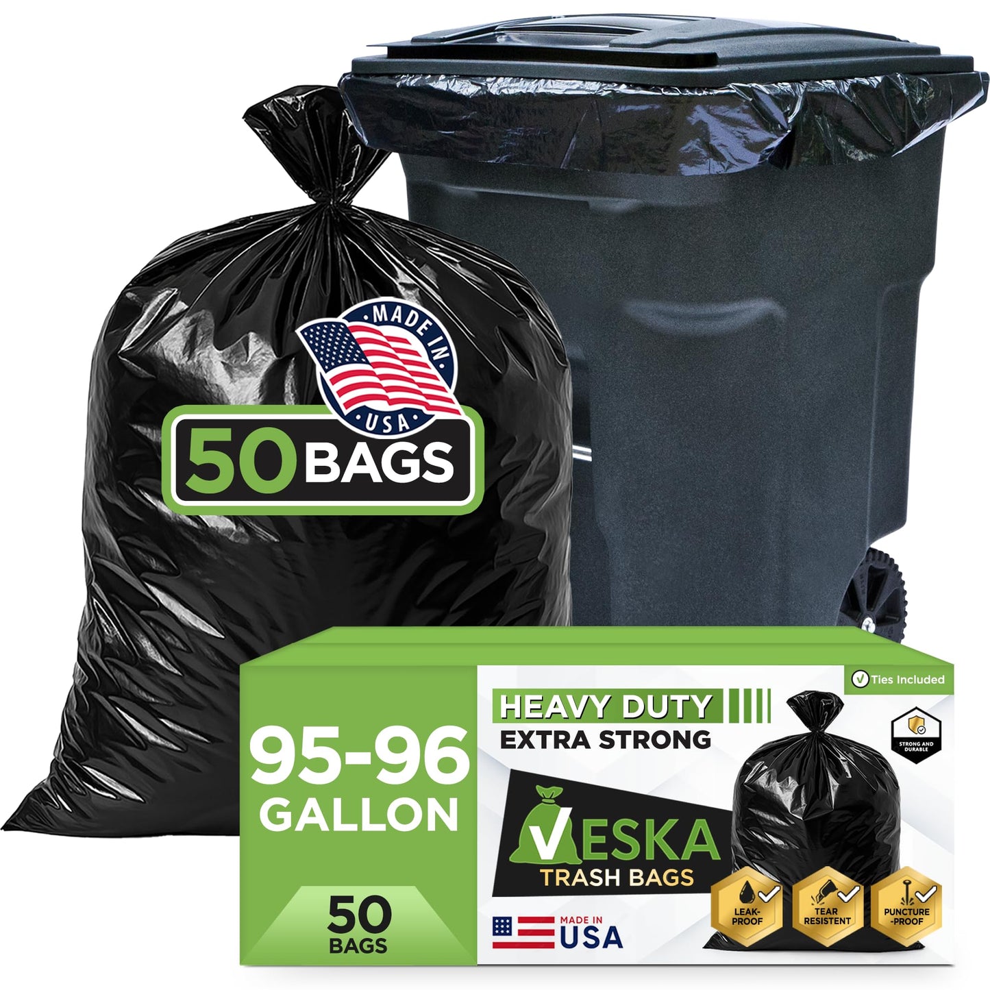Veska 95-96 Gallon Trash Bags Heavy Duty (Huge 50 Bags W/Ties) 95-96 Gallon Trash Bags Large Black Heavy Duty Can Liners, Large 90-100 Gallon Garbage Can Liners