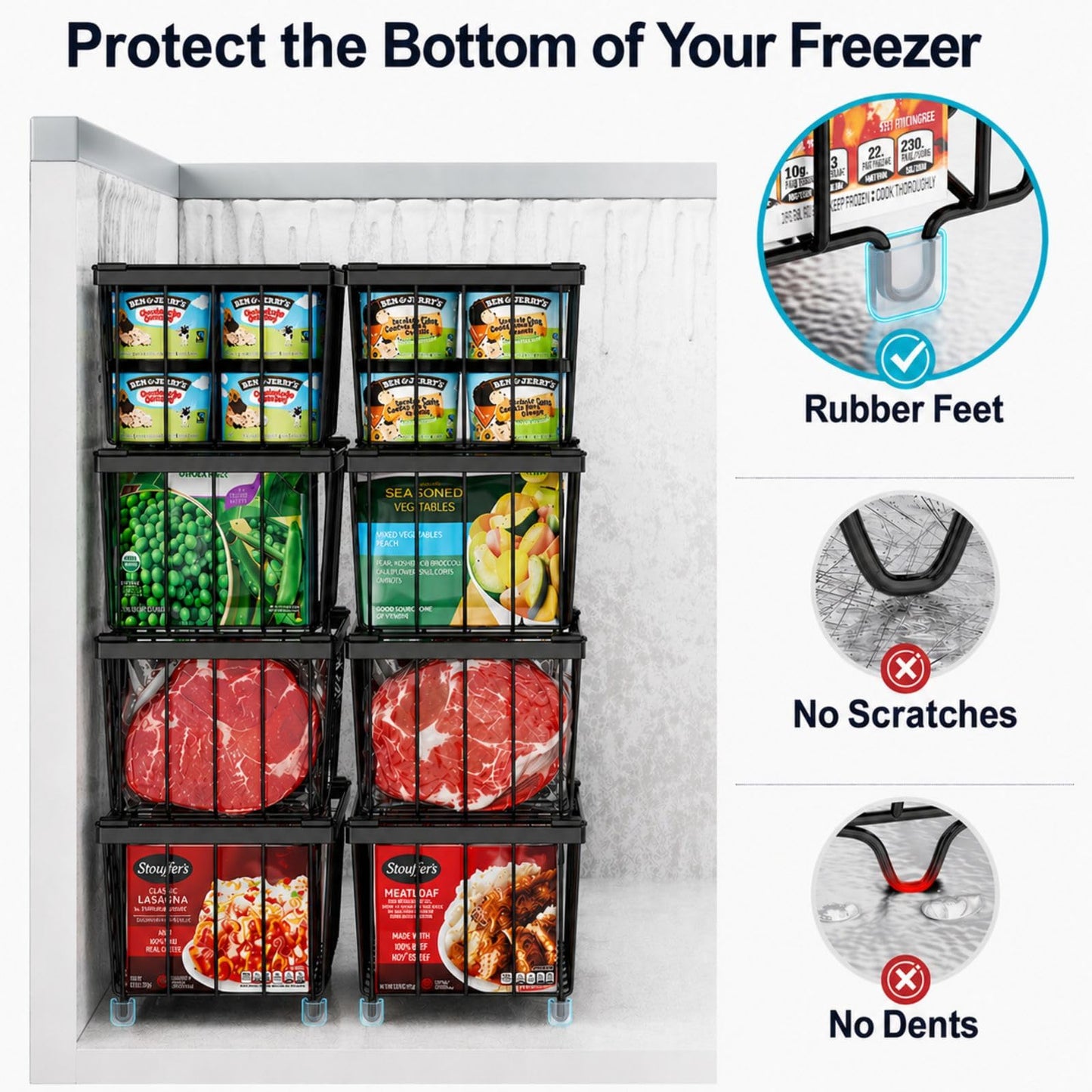 iSPECLE Deep Freezer Organizer Bins - Fits 7 Cu.Ft Chest Freezer, 8 Pack Stackable Wire Baskets(14.7" Length), Heavy Duty Coated Freezer Organizer, Rust Resistant for Frozen Food Sorting, Black