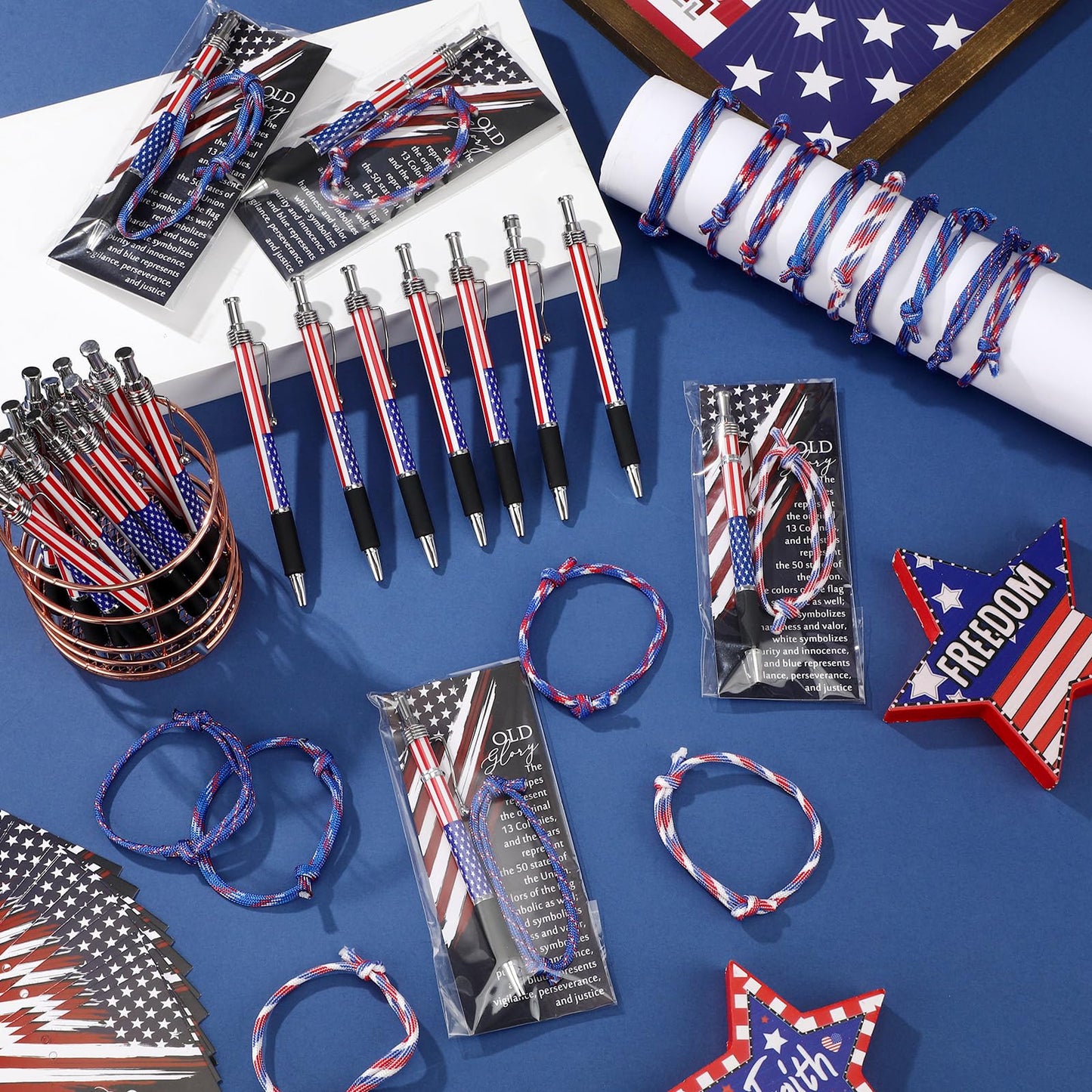 Sayglossy 180 Pcs Memorial Day 250th Anniversary Ballpoint Pen Rope Bracelets and Star Stripe Bookmarks Military Appreciation for Army Veterans Patriotic Party Independence Day Accessories (Old Glory)