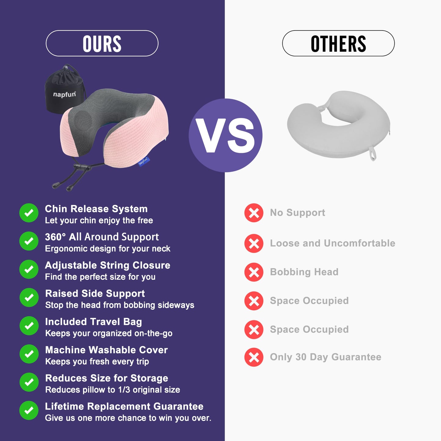 napfun Neck Pillow for Traveling, Upgraded Travel Neck Pillow for Airplane 100% Pure Memory Foam Travel Pillow for Flight Headrest Sleep, Portable Plane Accessories, Pink