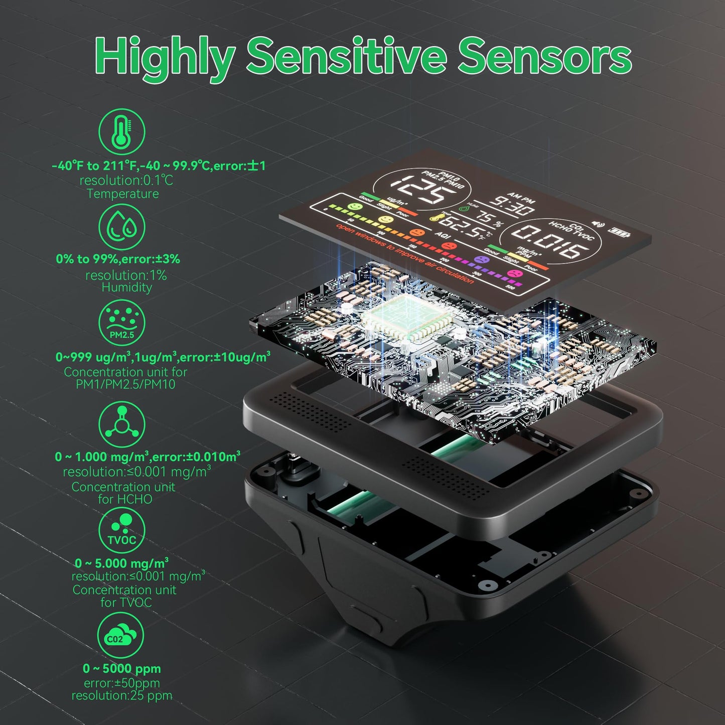 16-in-1 Air Quality Monitor Indoor with 7AQI Beep Alarm, CO2 Monitor, Air Quality Detector with PM1.0 | PM2.5 | PM10 | Temp | HUM | Formaldehyde | VOC Tester for Home Office Plant