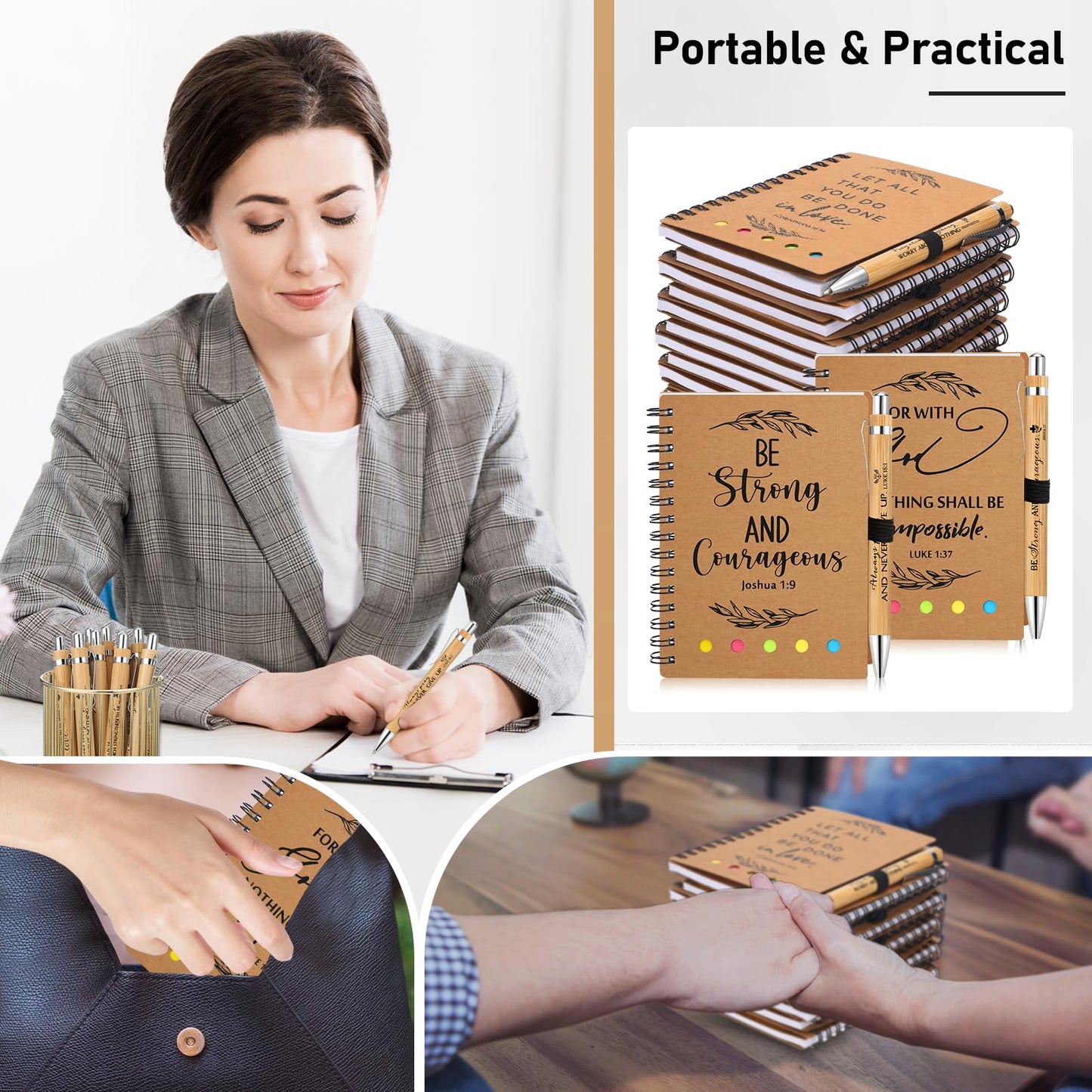 Spakon 30 Set Christian Gifts Bulk Church Gifts Religious Notebook Spiral Bible Verse Bamboo Pens Mini Bible Study Journal for Sunday School Employee Coworker Men Women (Brown)