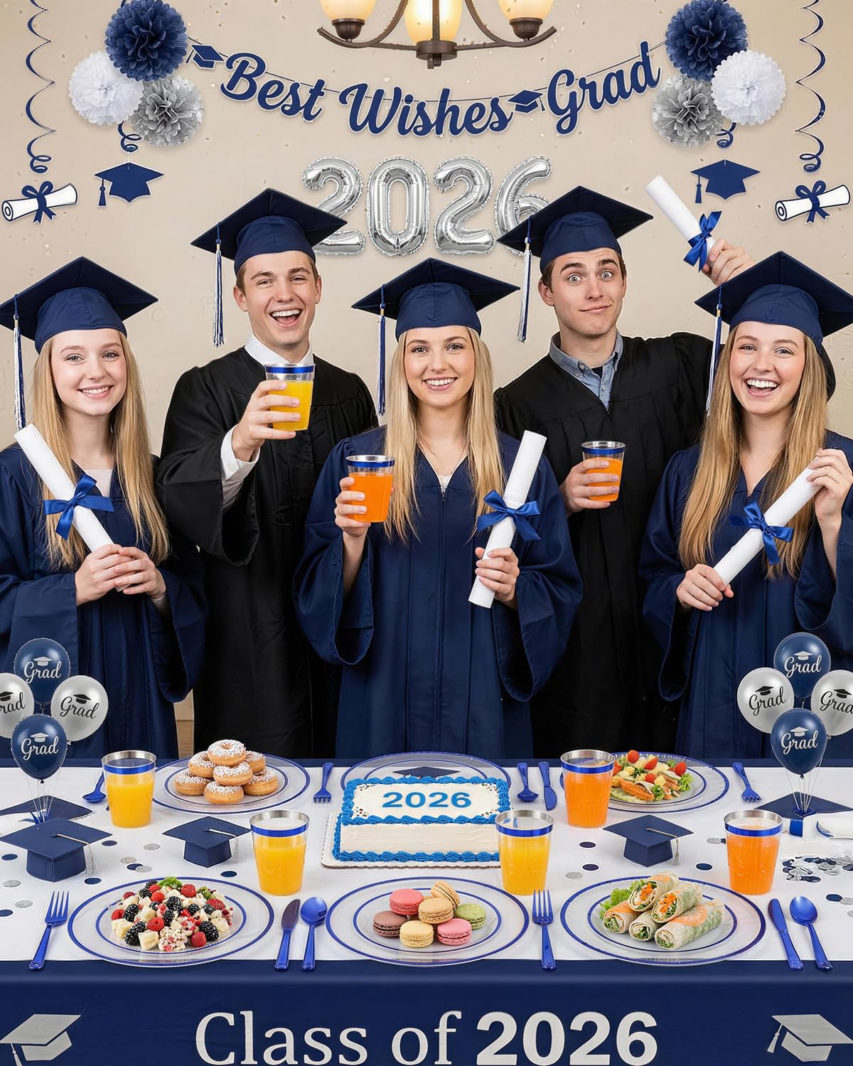 Goodluck 350 Piece Dark Blue Plastic Dinnerware Set for Party, Clear Disposable Plates for 50 Guests, Includes 100Plates, 50 Pre Rolled Napkins with Cutlery Set, 50 Cups, for Graduation, Birthday
