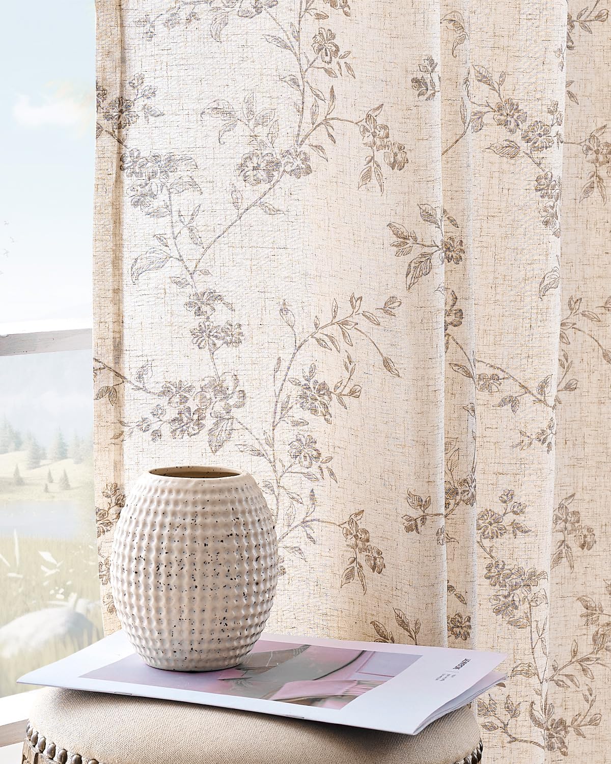 jinchan Linen Floral Curtains for Living Room 84 Inch Length Taupe Printed Curtains Back Tab French Country Farmhouse Flower Patterned Drapes Bedroom Window Curtain Set 2 Panels