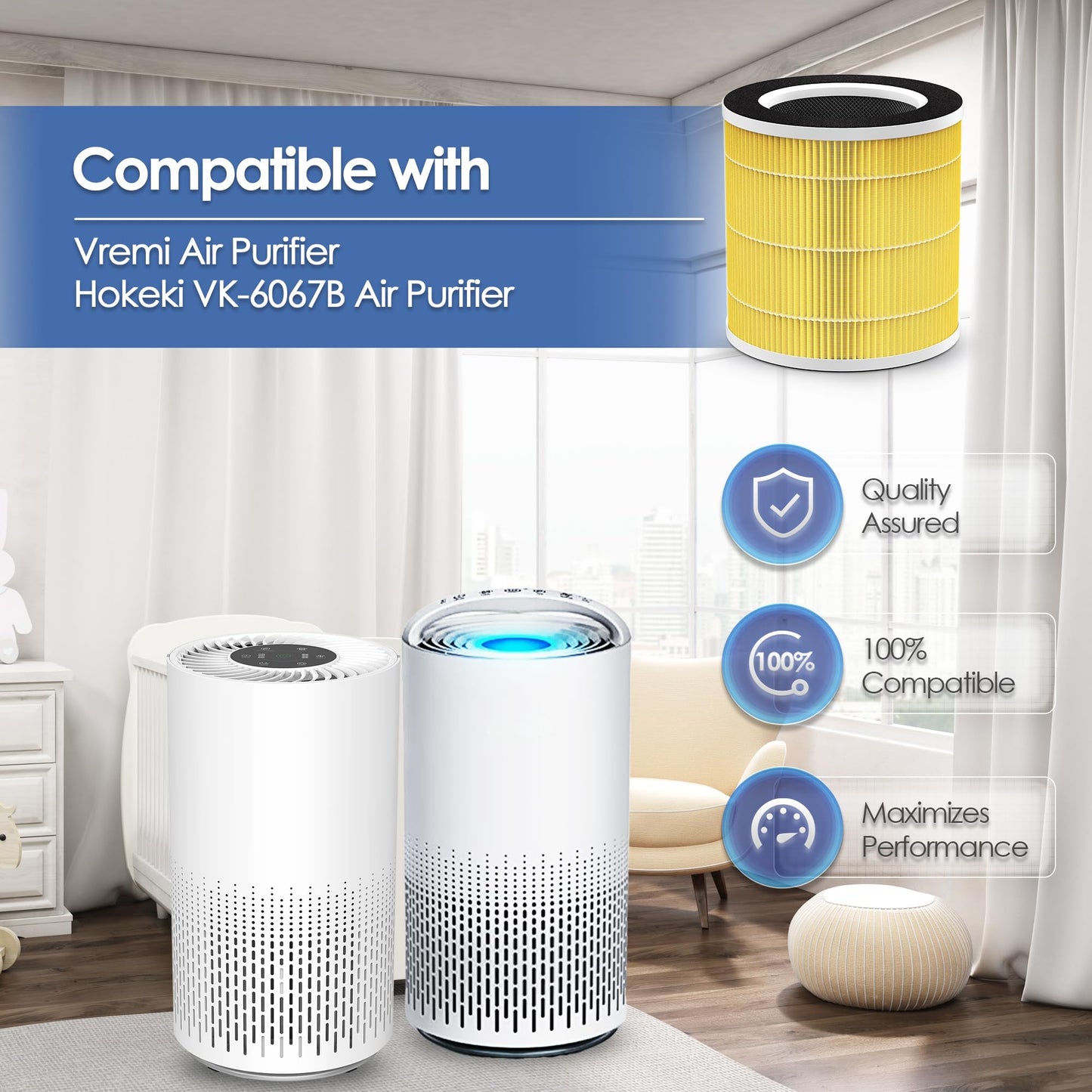 HONDIGI VK-6067B 2-Pack Pet Allergy Filter Compatible with Vremi & Hokeki Air Purifiers, 360 H13 True HEPA & Activated Carbon Filter for Pet Care