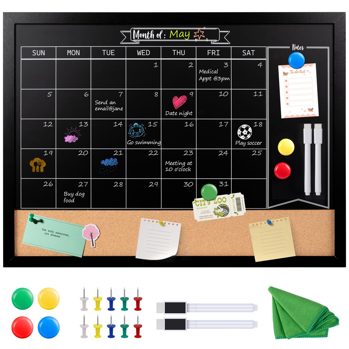 Board2by Monthly Chalkboard Calendar & Cork Board for Wall, 18" x 24" Magnetic Chalk Calendar Board Combo Board, Hanging Wood Frame Combination Board Blackboard with Pens for Office, School, Home