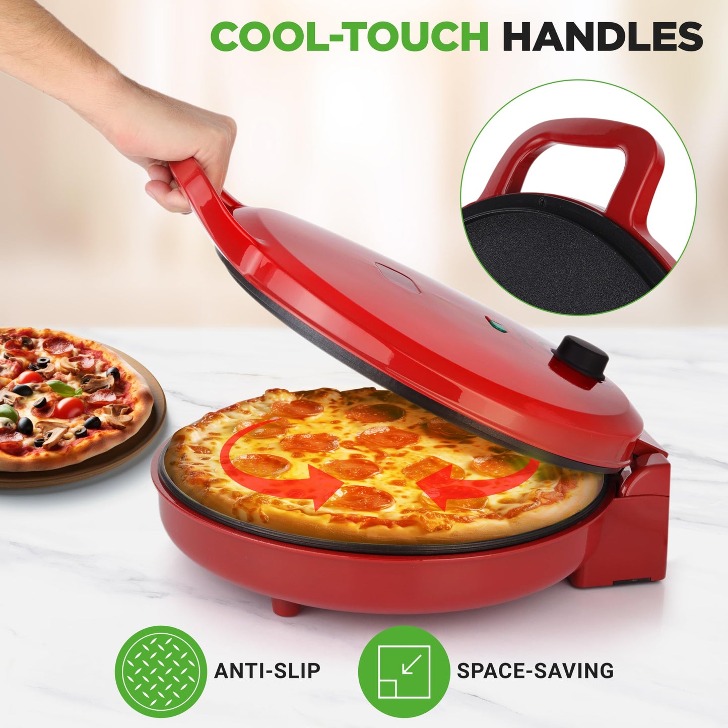 NutriChef Countertop Pizza Maker | 1500W Non-Stick Electric Pizza Cooker | Make 12" Personal Pizzas, Eggs, Toast & More | Cool-Touch Handles, Compact & Space-Saving | Temp Range 175-400°F | Red