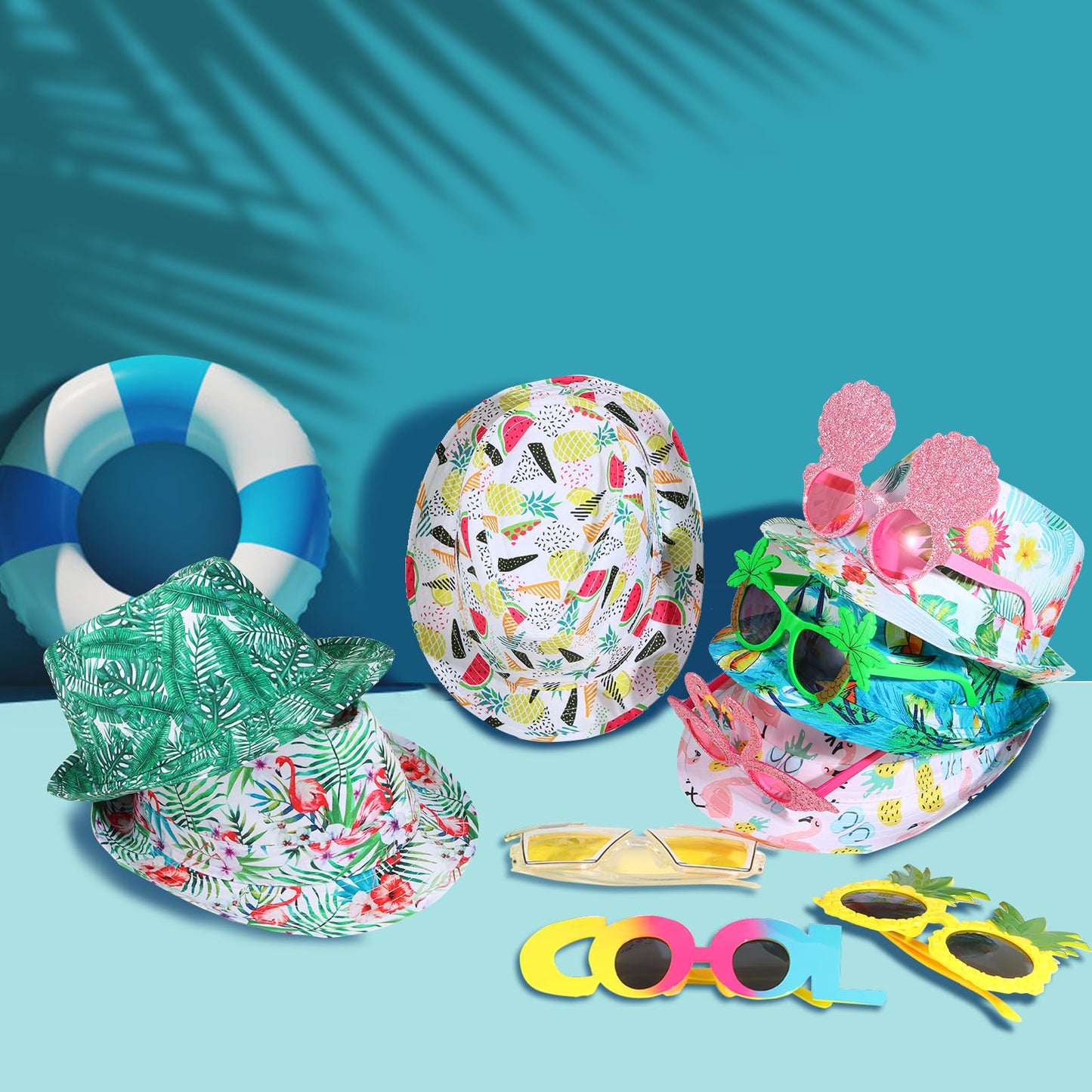 NICOWARM 6pcs Luau Fedora Hats, 6pcs Luau Party Sunglasses for Adults, with Luau Patterned includeing Flamingo, Pineapple, Photo Booth Props for Summer, Beach, Luau, Pool, Hawaiian Themed Parties