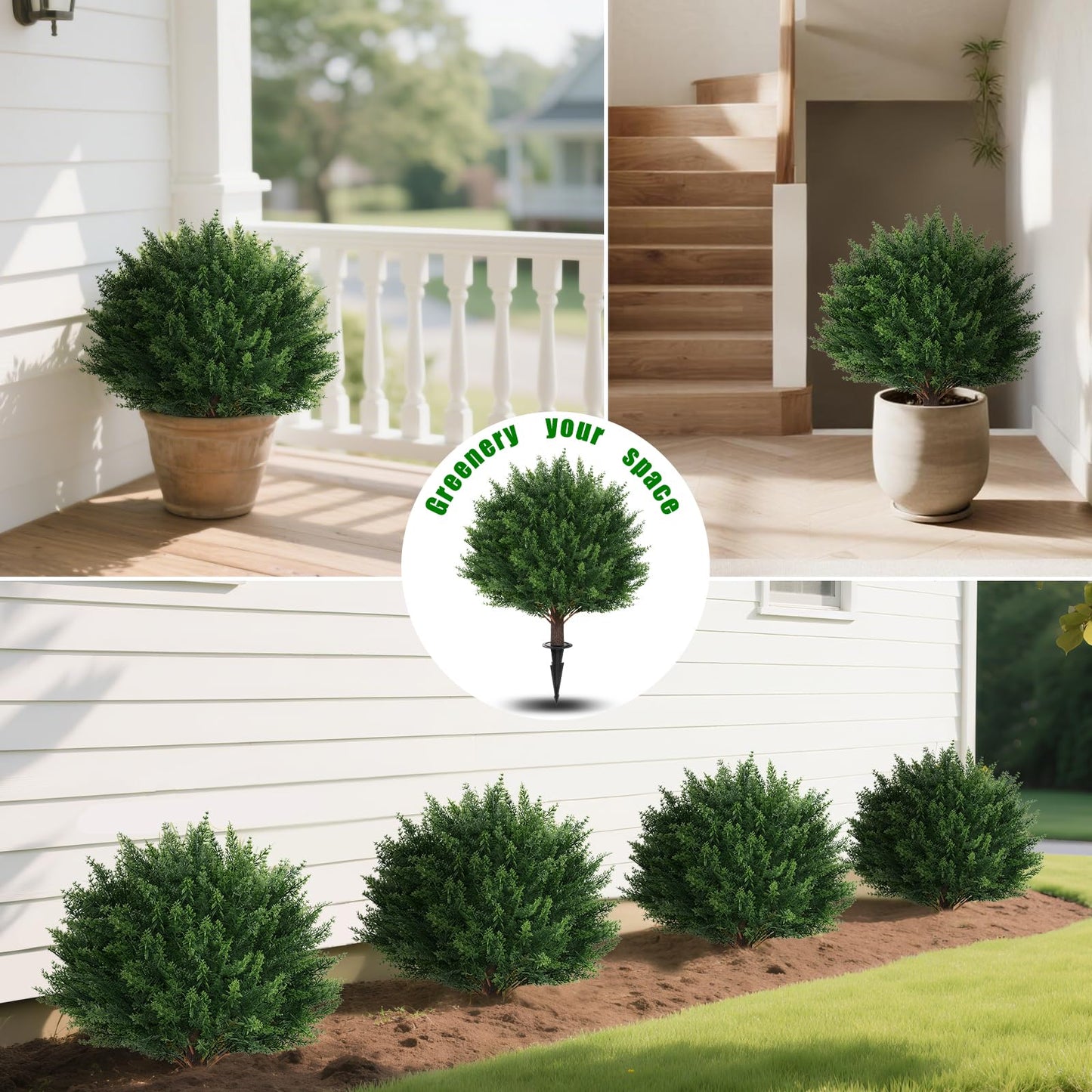 Yangrass Artificial Set of 2 Cedar Topiary Ball Trees 23" for Outdoors with Ground Spike, UV Resistant Faux Cypress Plants, Evergreen Shrubs Bushes for Front Porch Garden Backyard Decor