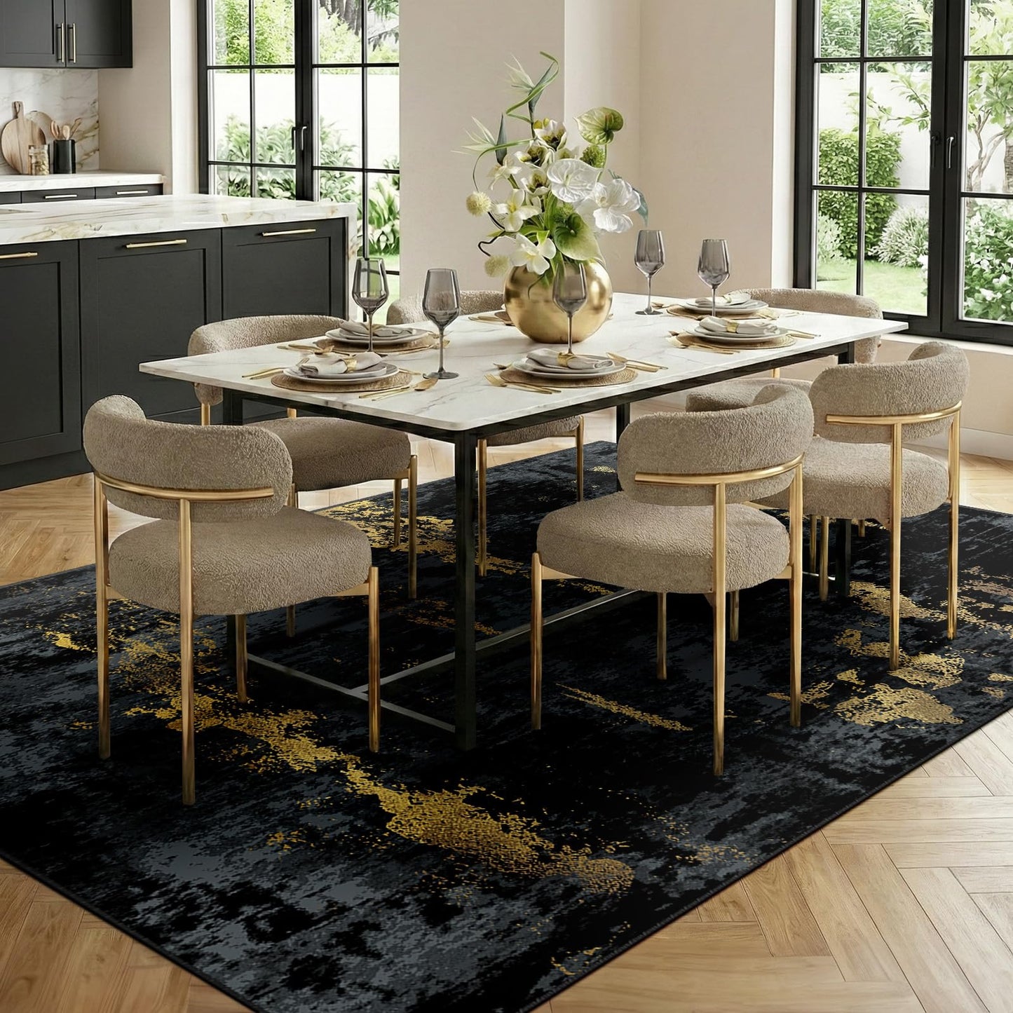 RELEANY Washable Area Rugs 5'x7' Non-Slip Modern Abstract Soft for Living Room Entryway Bedroom Nursery, Print Pattern, Dark Black Gold
