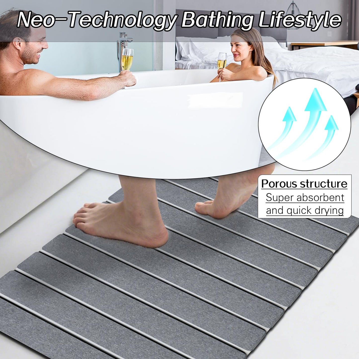 Setguopal 2 Pack Foldable Stone Bath Mats, Gray Super Absorbent Diatomaceous Earth Bath Rug, Non-Slip Shower Mat, Quick-Drying Bath Rug and Drying Mat for Tub and Shower