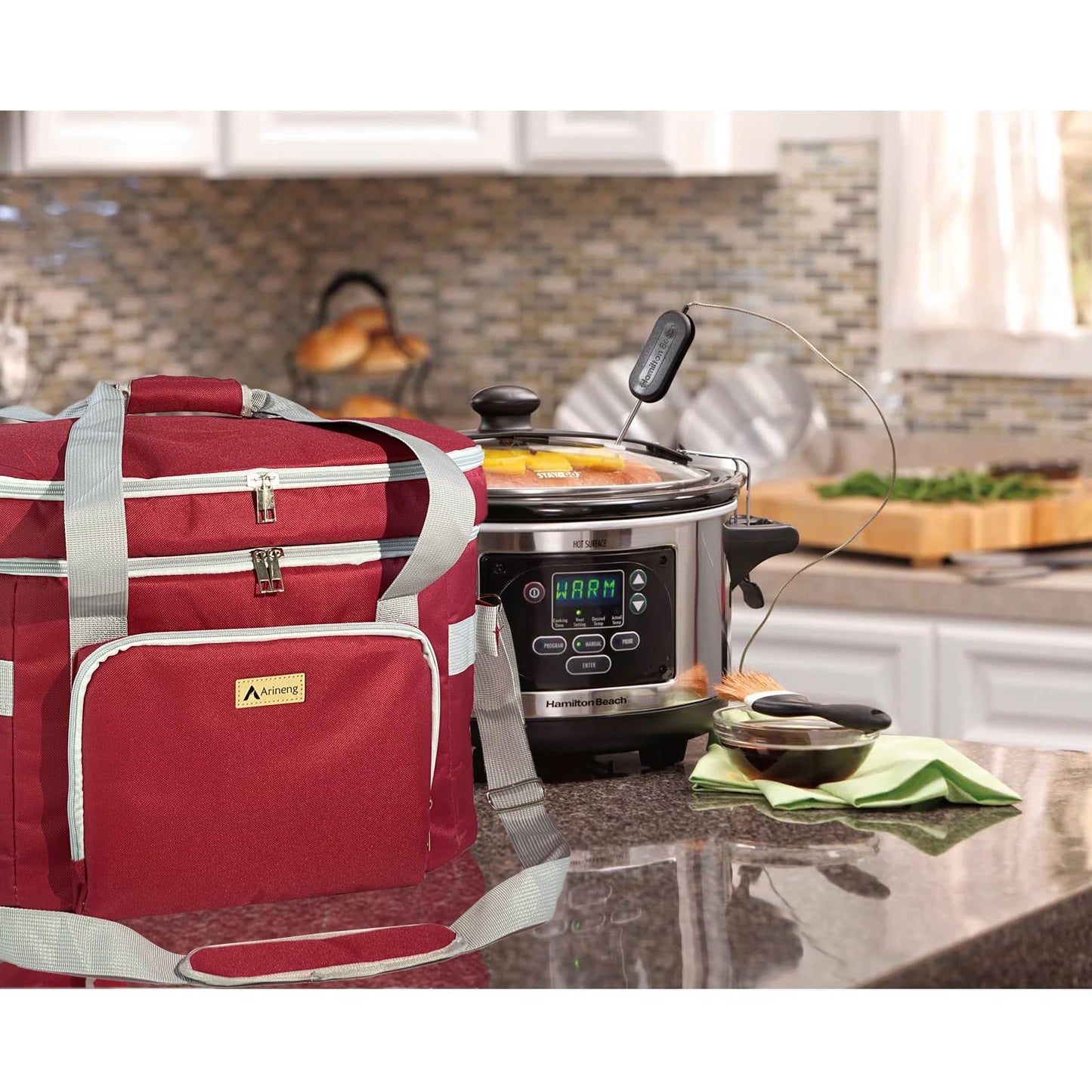 Arineng Crock Pot Bags carrying bag for 4-8 Quart Crock Pots - Insulated Travel Carrier with Fixators, Base Pad, and Shoulder Strap - Suitable for Small and Large Slow Cookers