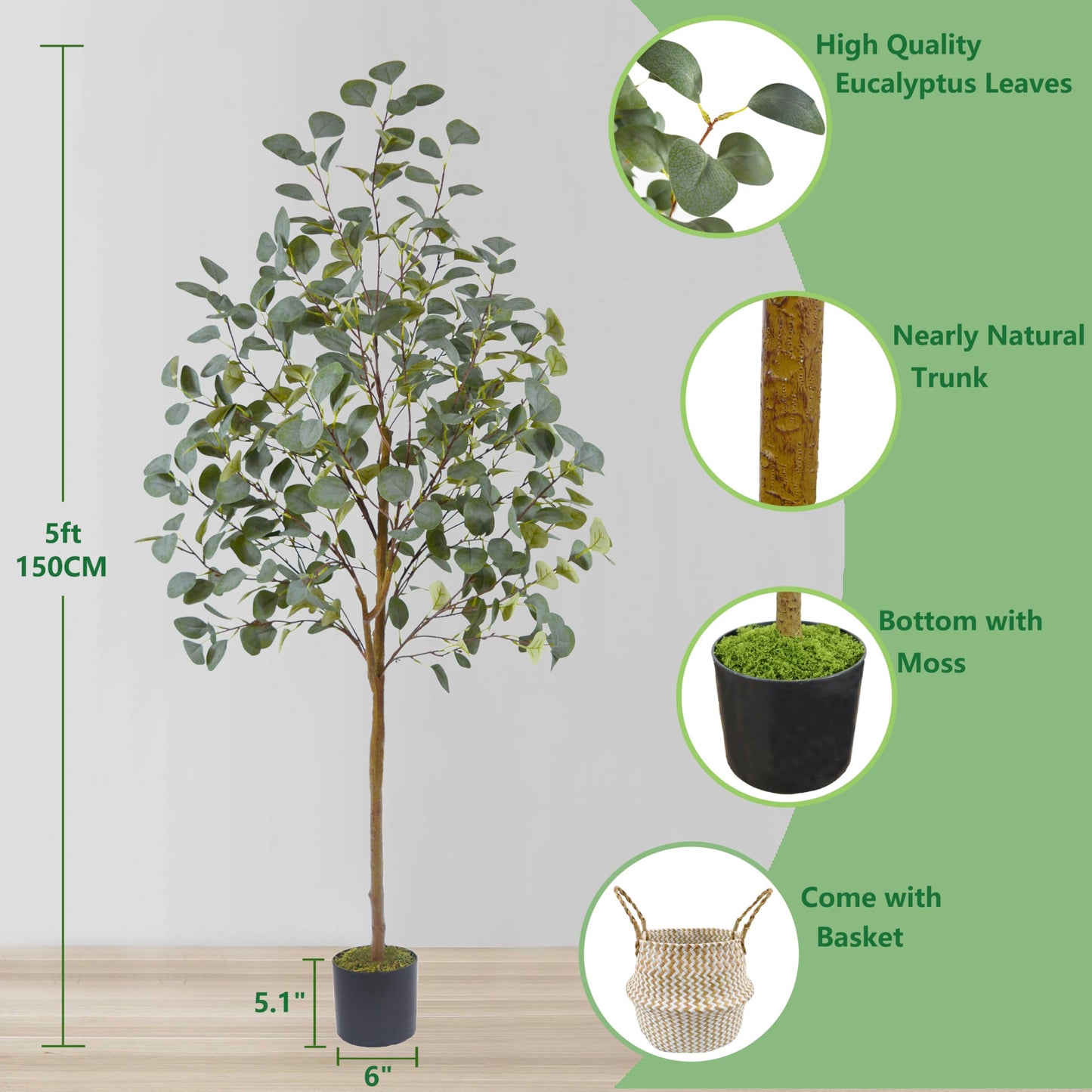 Warmplants Artificial Eucalyptus Tree, 5ft Tall Mordern Fake Eucalyptus Plant with Basket, Green Silk Leaves Perfect Faux Trees for Home Office Livingroom Floor Decor Indoor Outdoor