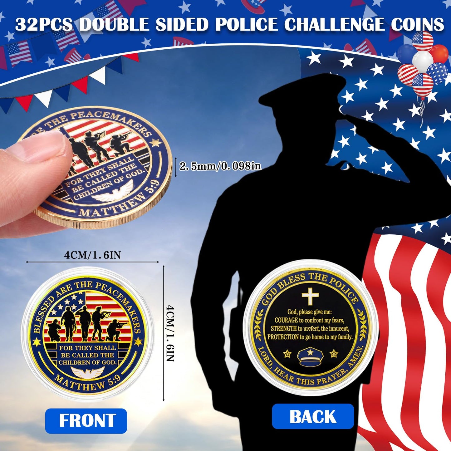 Equsion 32 Pcs Police Challenge Coins Thank You for Your Service Police Gifts Patriotic Collectibles Commemorative Coins for Men Women Veterans Day Independence Favors(Classics)