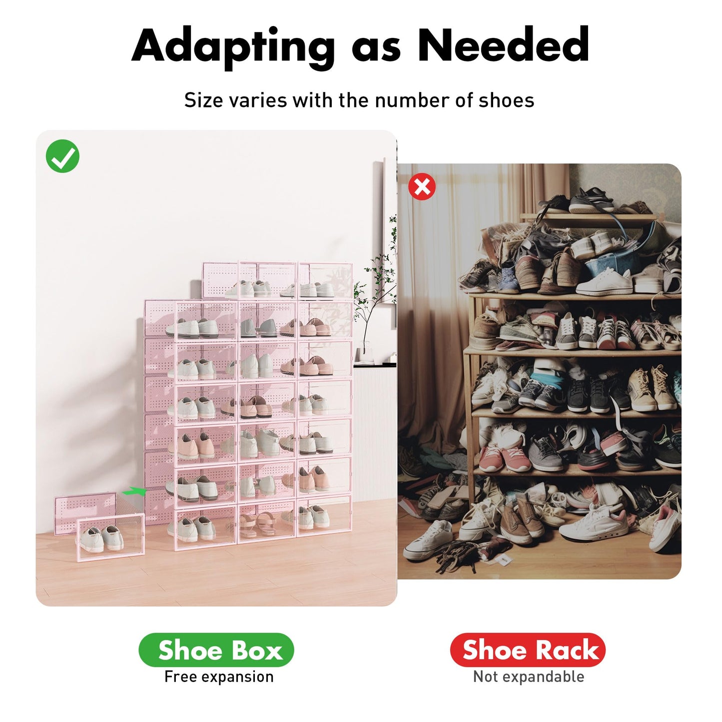 Foluck Shoe Storage Box, 15 Pack Clear Plastic Stackable Shoe Organizer for Closet, Interlocking Design Shoe Container Bins for Sneakers, Foldable Shoe Rack with Lids, Pink