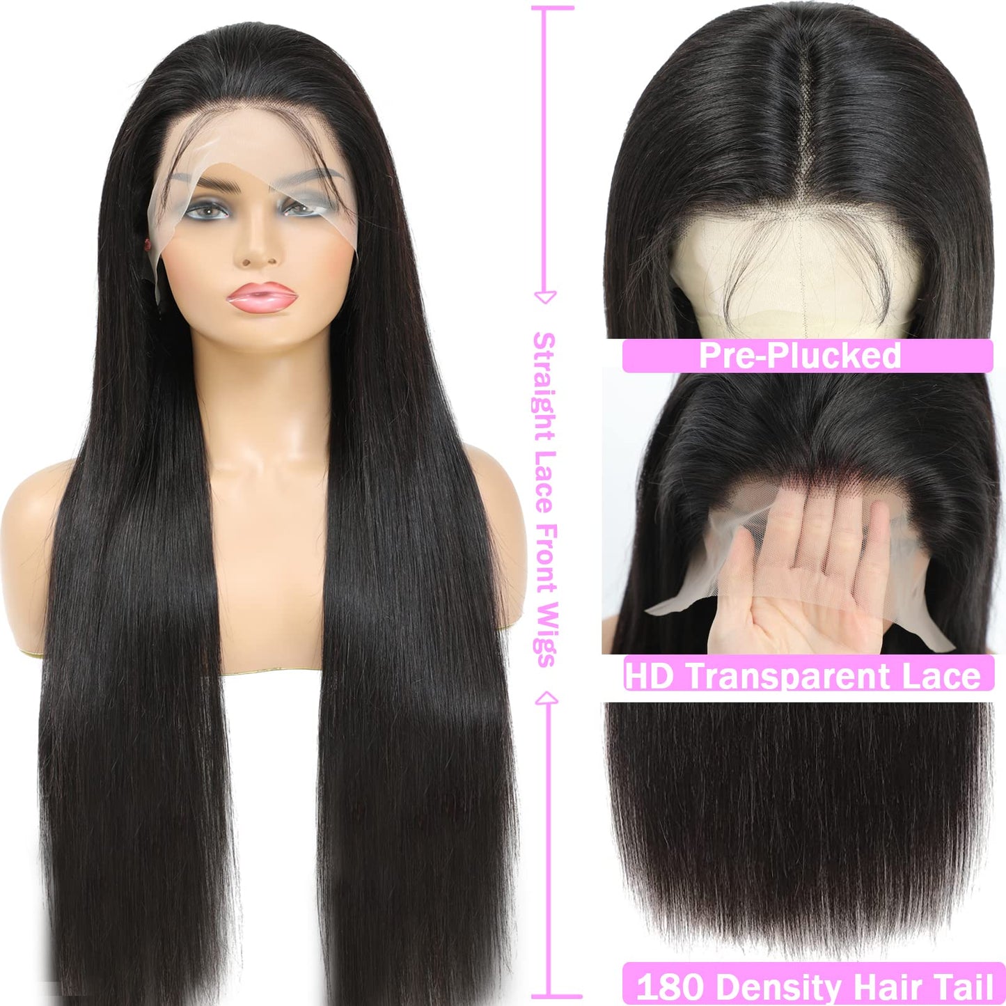 13X6 Lace Front Wigs Human Hair Pre Plucked With Baby Hair 30 Inch Straight Lace Front Wigs Human Hair 180 Density Glueless Transparent HD Lace Frontal Wigs Human Hair for Women Natural Black Color