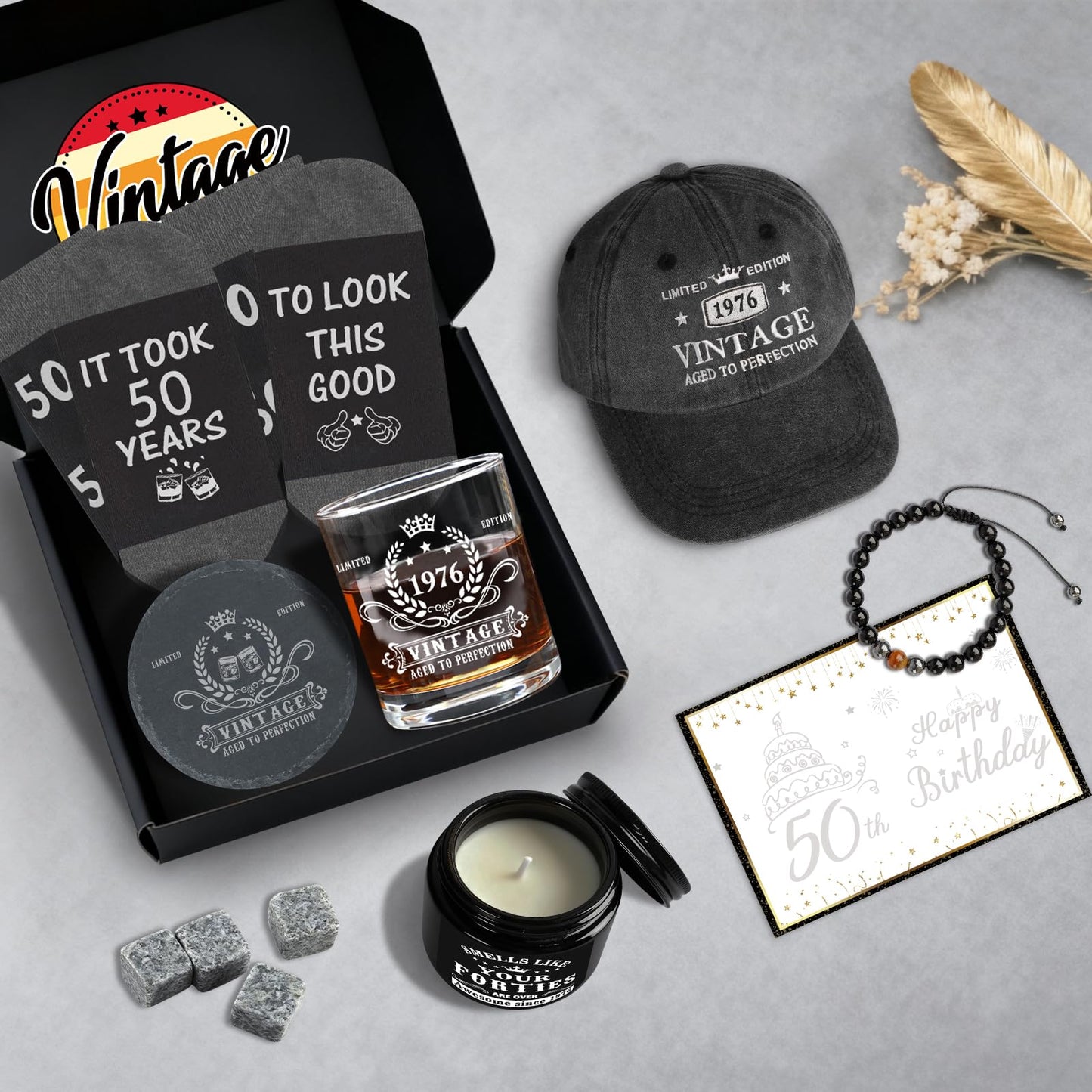 50th Birthday Gifts for Him, Happy 50th Birthday Decorations for Men, 50 Year Old Gifts for Man Who Have Everything, 1976 50th Birthday Gift Baskets for Men Whiskey Glass Baseball Cap Socks Stones