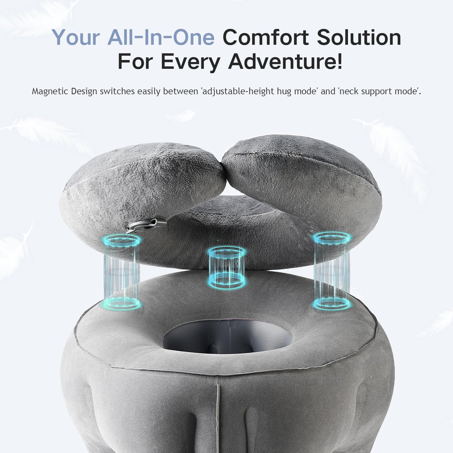 Werfeito 2-in-1 Magnetic Design Inflatable Travel Pillow, Ergonomic Neck Support Airplane Pillow for Flying, Compact Camping Pillow with Storage Bag for Home Nap & Car Travel (Grey)