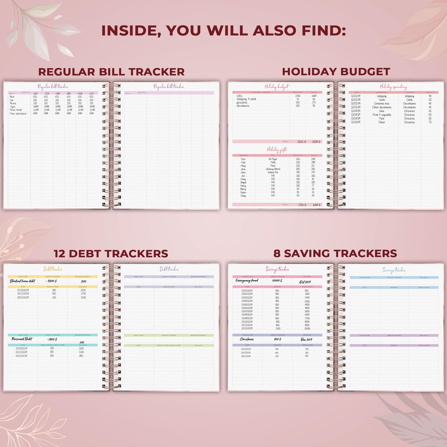 PLANBERRY Large Budget Planner & Monthly Bill Organizer with Pockets – Budgeting Book, Finance & Expense Tracker, 8.3x9.4″ (Rose Gold)